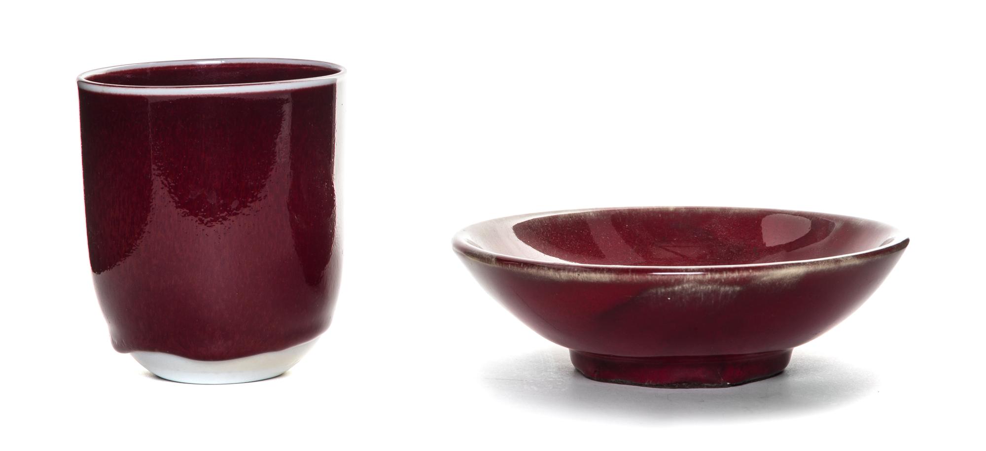 Two Chinese Style Copper Red Glazed Articles Height of larger 4 x diameter 3 1/2 inches.