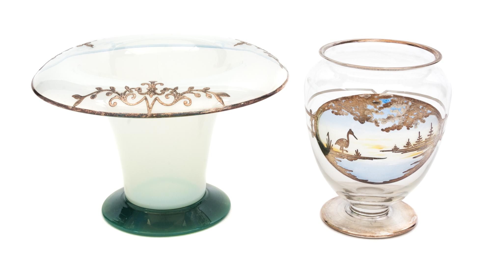 Two Silver Overlay Glass Vases Height of first 5 inches.