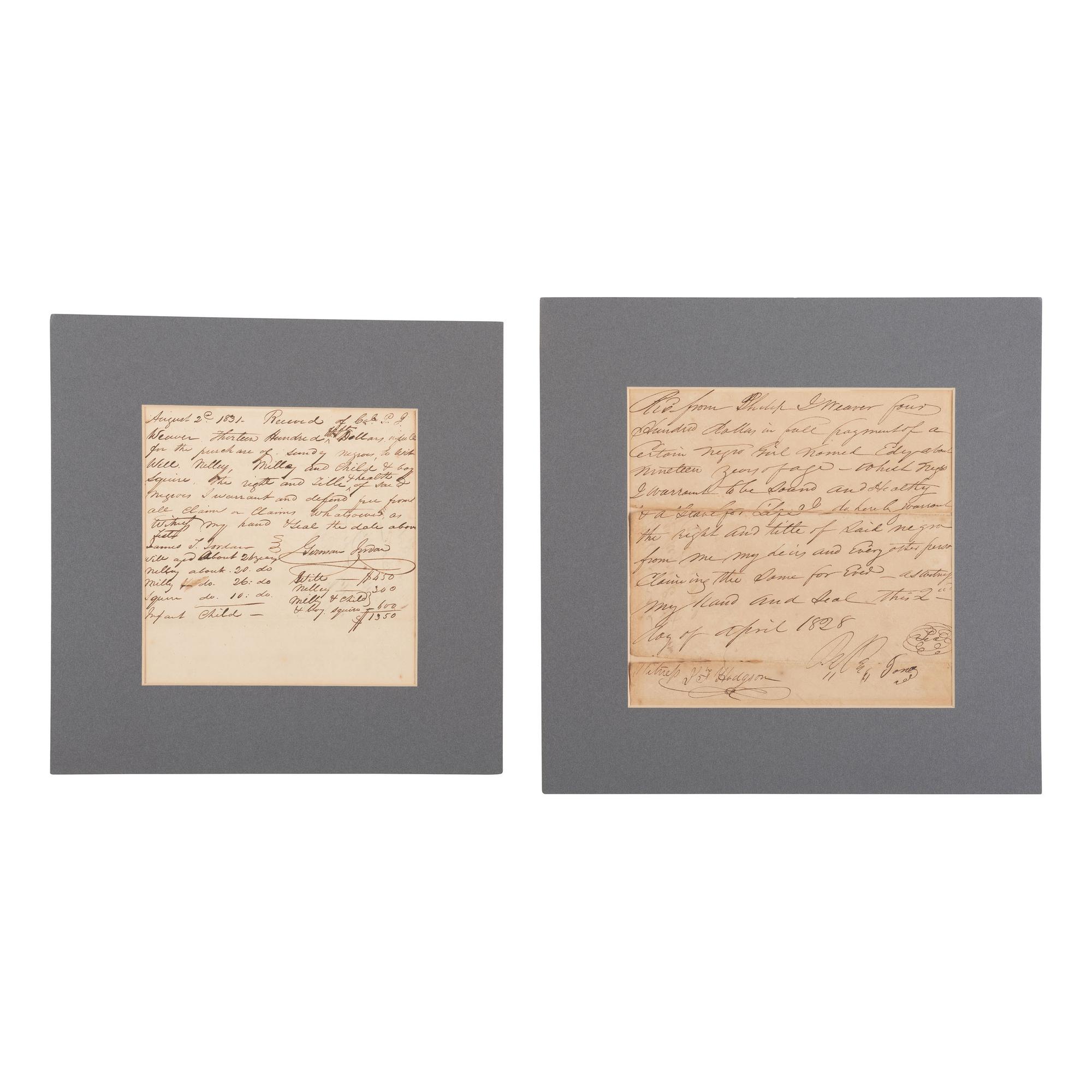 [African Americana] Two Manuscript Bills of Sale for Enslaved African Americans, ca 1828-1831