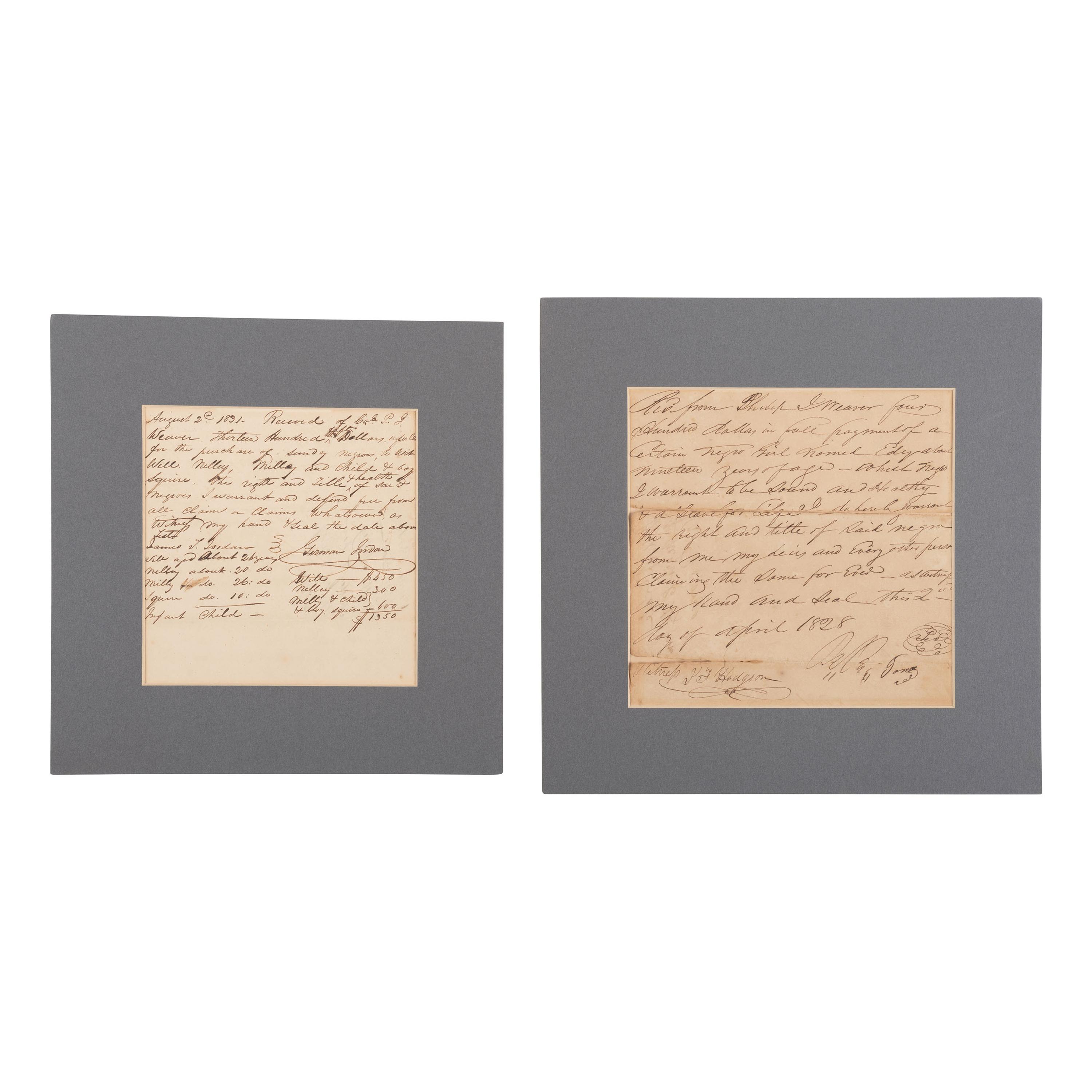 [African Americana] Two Manuscript Bills of Sale for Enslaved African Americans, ca 1828-1831