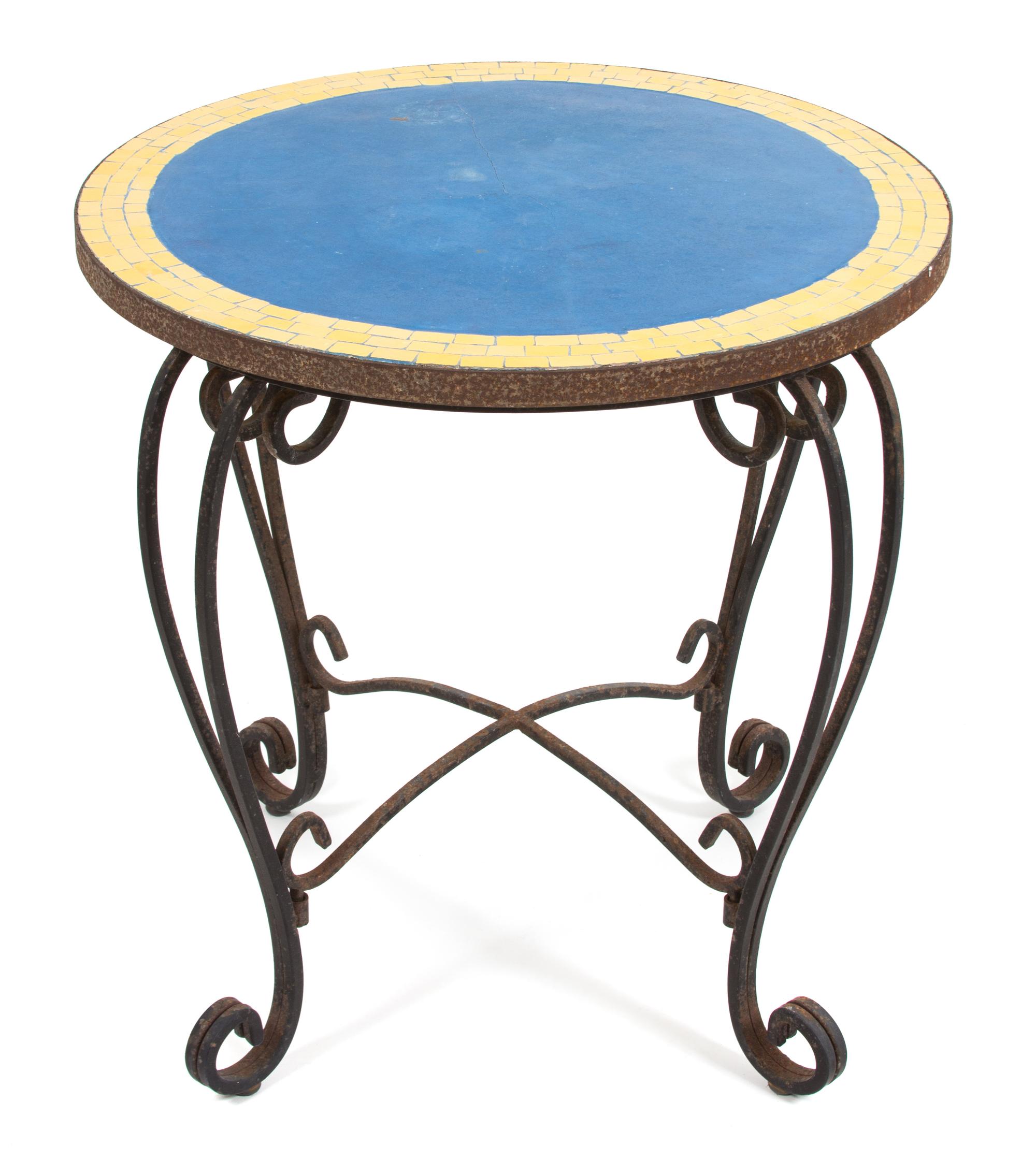 A Mosaic Tile and Ironwork Table Height 30 x diameter 29 1/2 inches. — 20TH CENTURY
