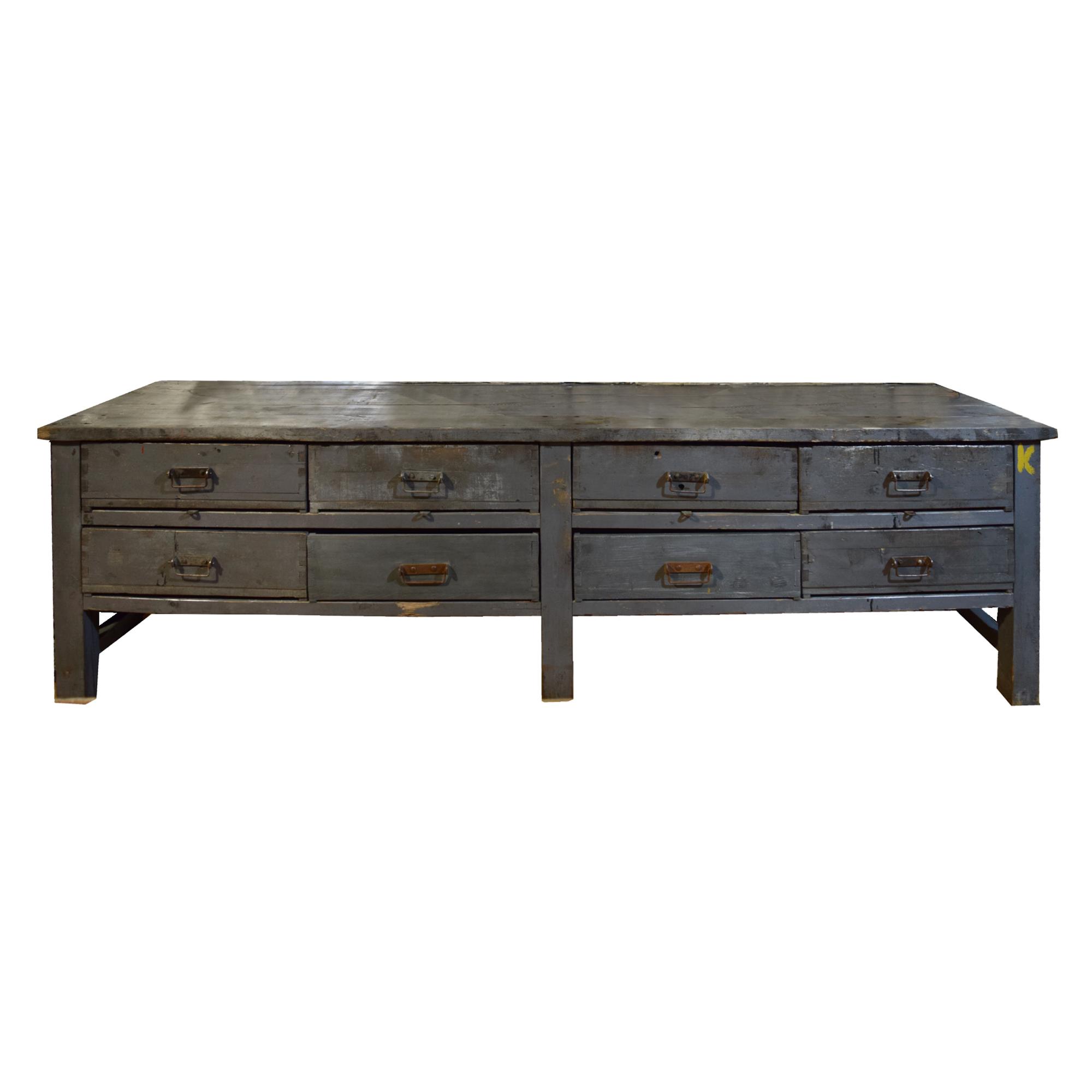A Painted Eight Drawer Wood Console, from the Moto Guzzi Factory 122" W x 31.25" D x 35.5" H — Italy, 20th Century