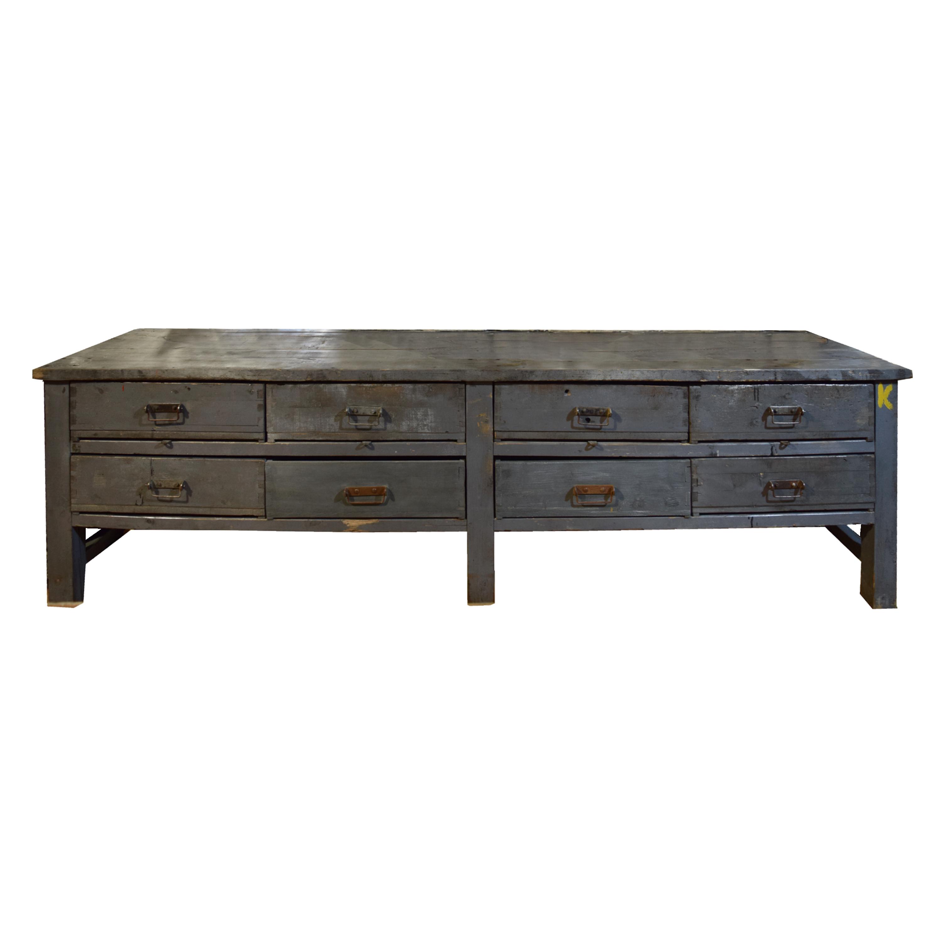 A Painted Eight Drawer Wood Console, from the Moto Guzzi Factory 122" W x 31.25" D x 35.5" H — Italy, 20th Century
