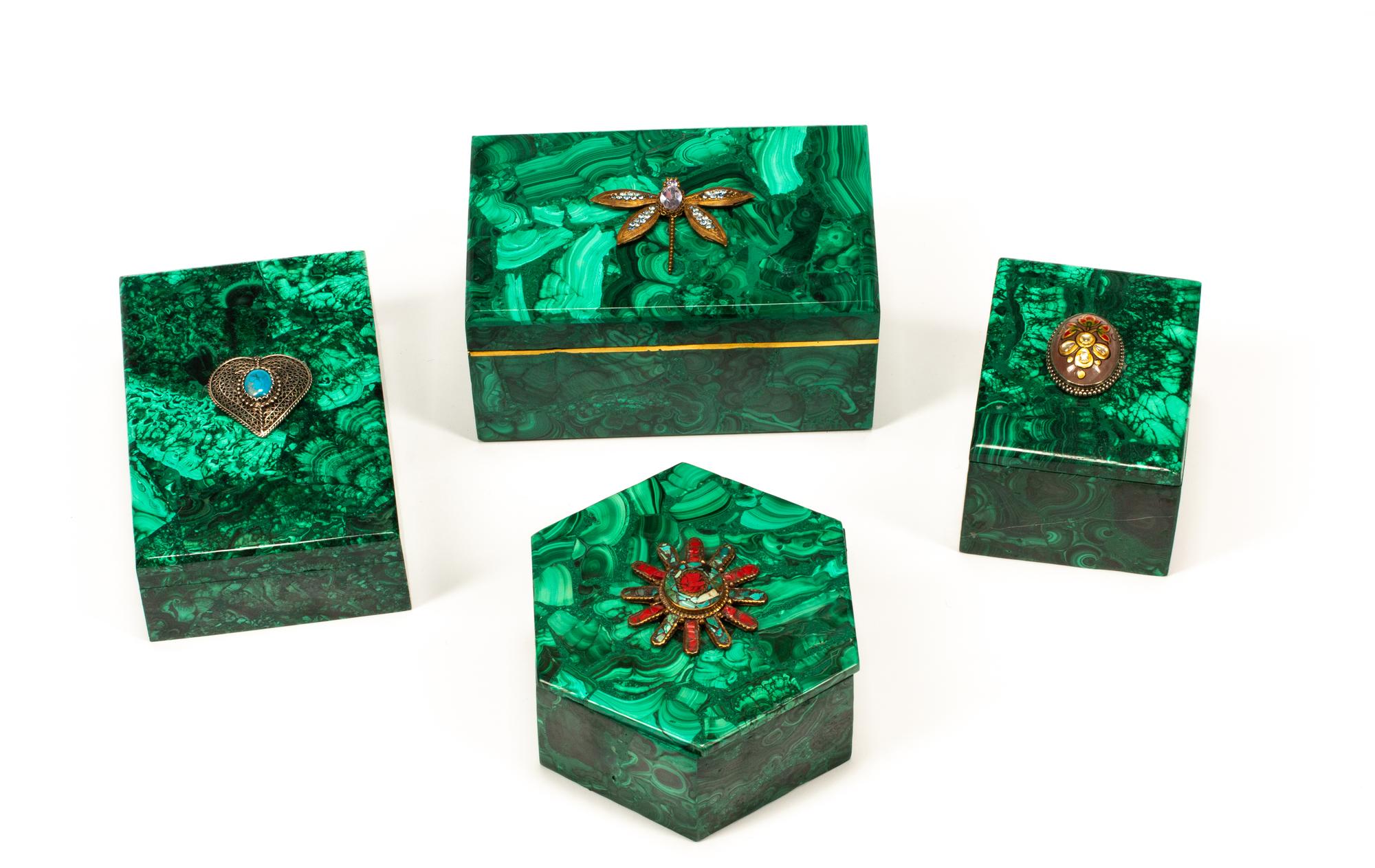 Four "Jeweled" Malachite Table Boxes