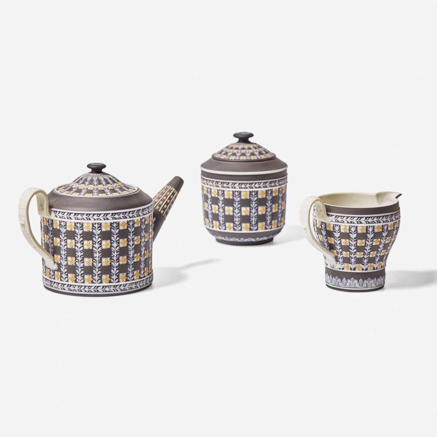 A Three-Piece Wedgwood Three Color Diceware Jasperware Tea Set UK, 19th century