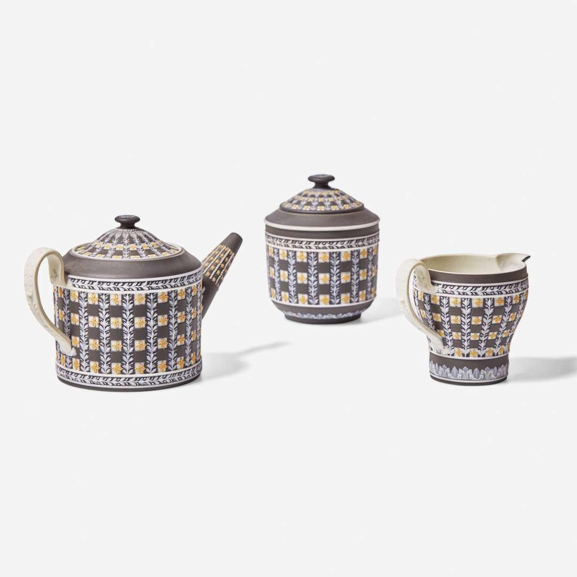 A Three-Piece Wedgwood Three Color Diceware Jasperware Tea Set UK, 19th century