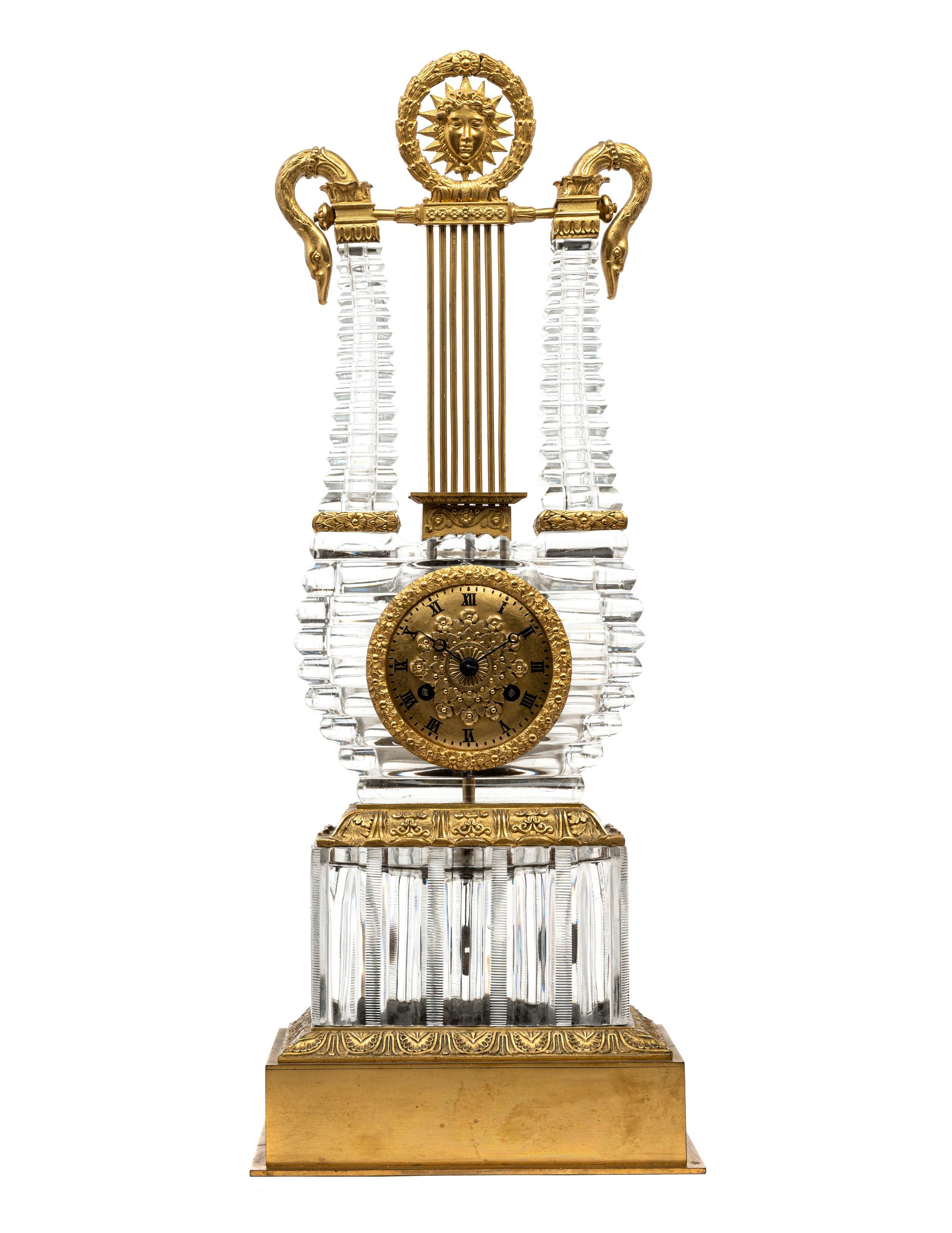 A Charles X Gilt Bronze and Cut Glass Lyre-Form Clock Attributed to l'Escalier de Cristal