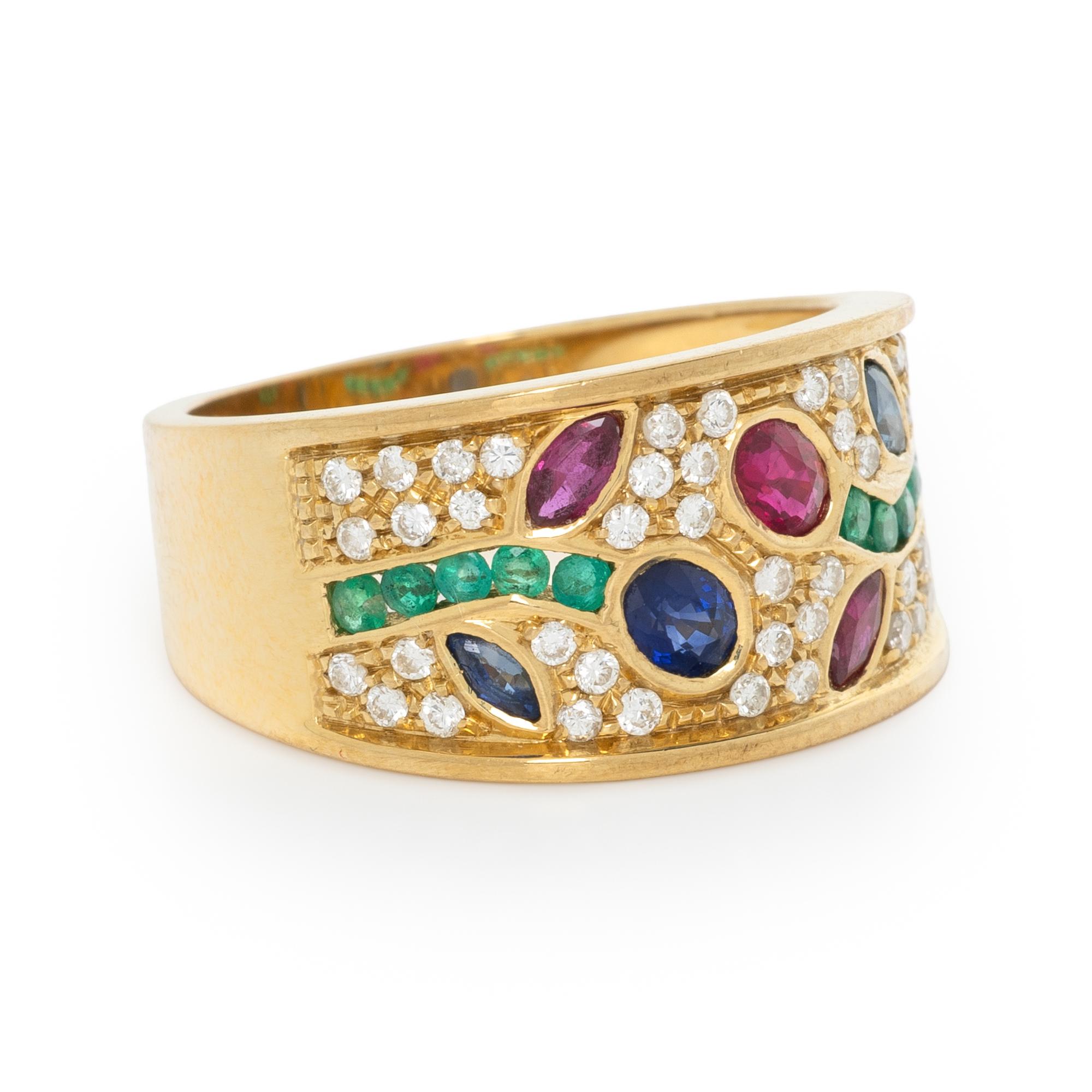 DIAMOND, RUBY, SAPPHIRE, EMERALD, AND YELLOW GOLD RING