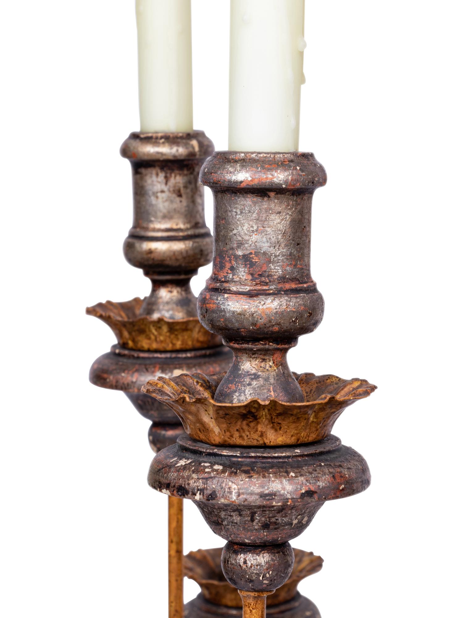 An Italian Silvered and Polychrome-Decorated Six-Light Candelabrum