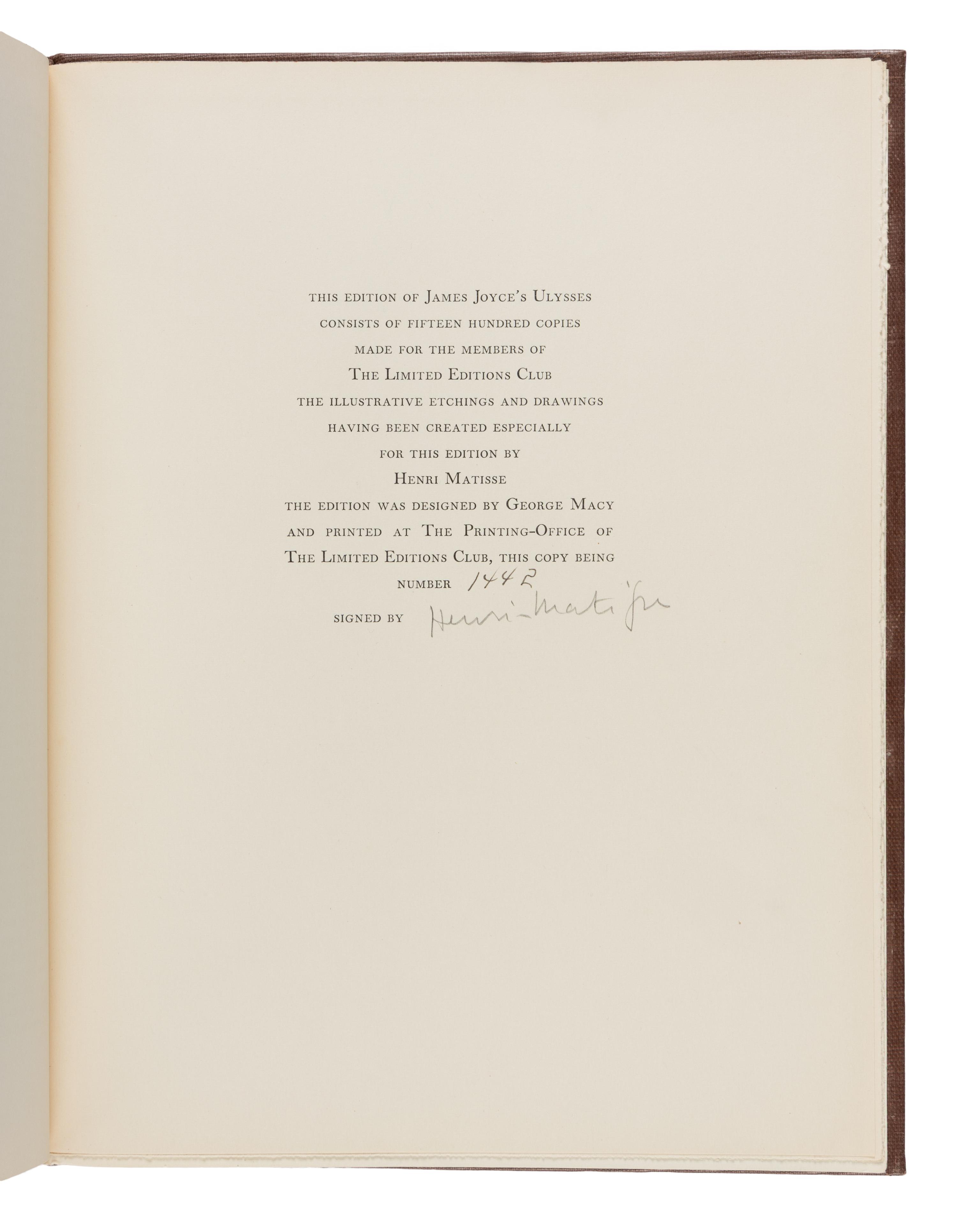 [Artist Book]. Matisse, Henri (1869-1954), artist. -- Joyce, James (1882-1941). Ulysses . New York: The Limited Editions Club, 1935.