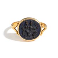 A Persian Blue Glass Intaglio with Two Figures — Set in a gold ring