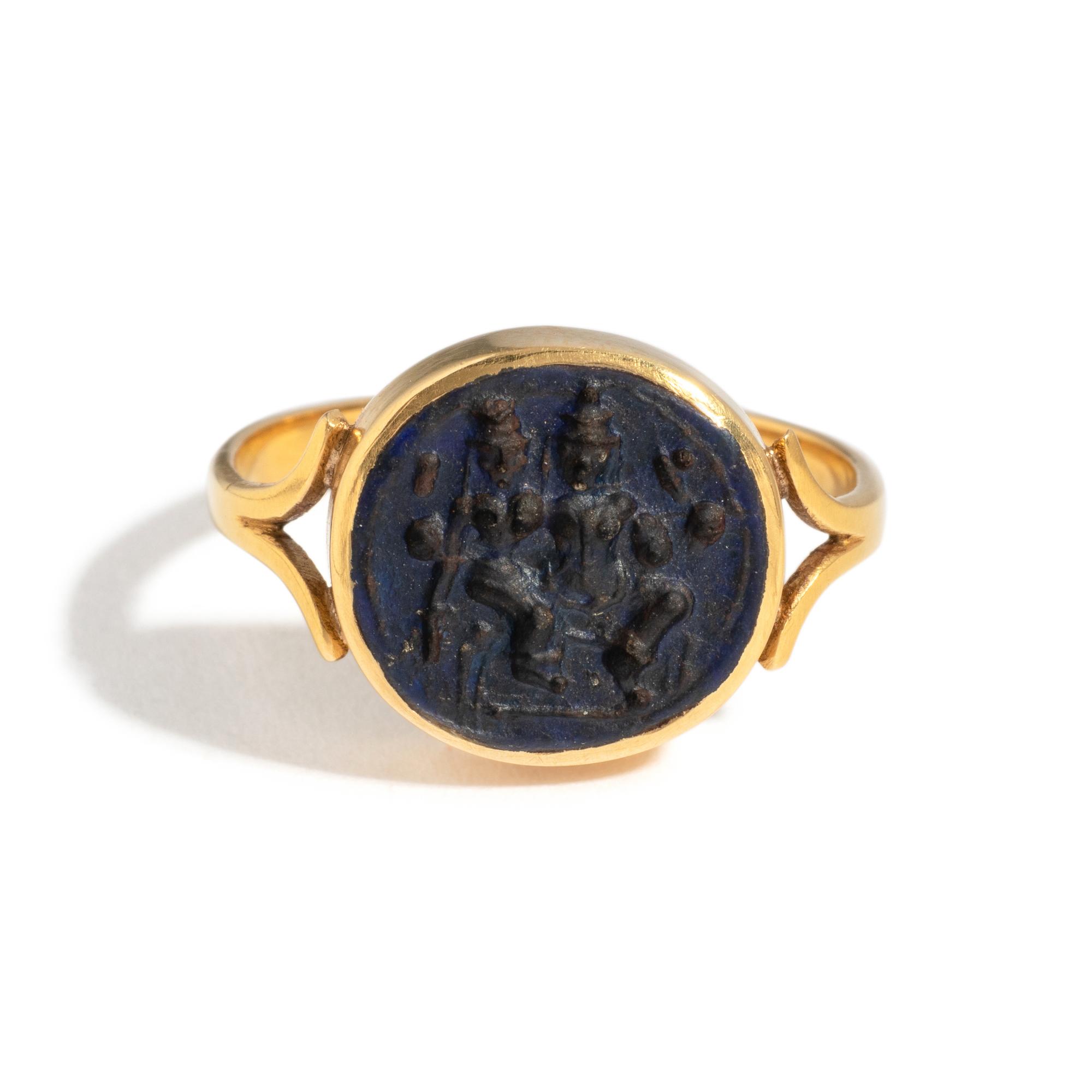 A Persian Blue Glass Intaglio with Two Figures — Set in a gold ring