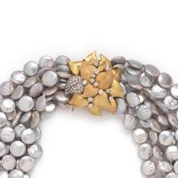 YELLOW GOLD, CULTURED PEARL AND DIAMOND CONVERTIBLE NECKLACE/BROOCH