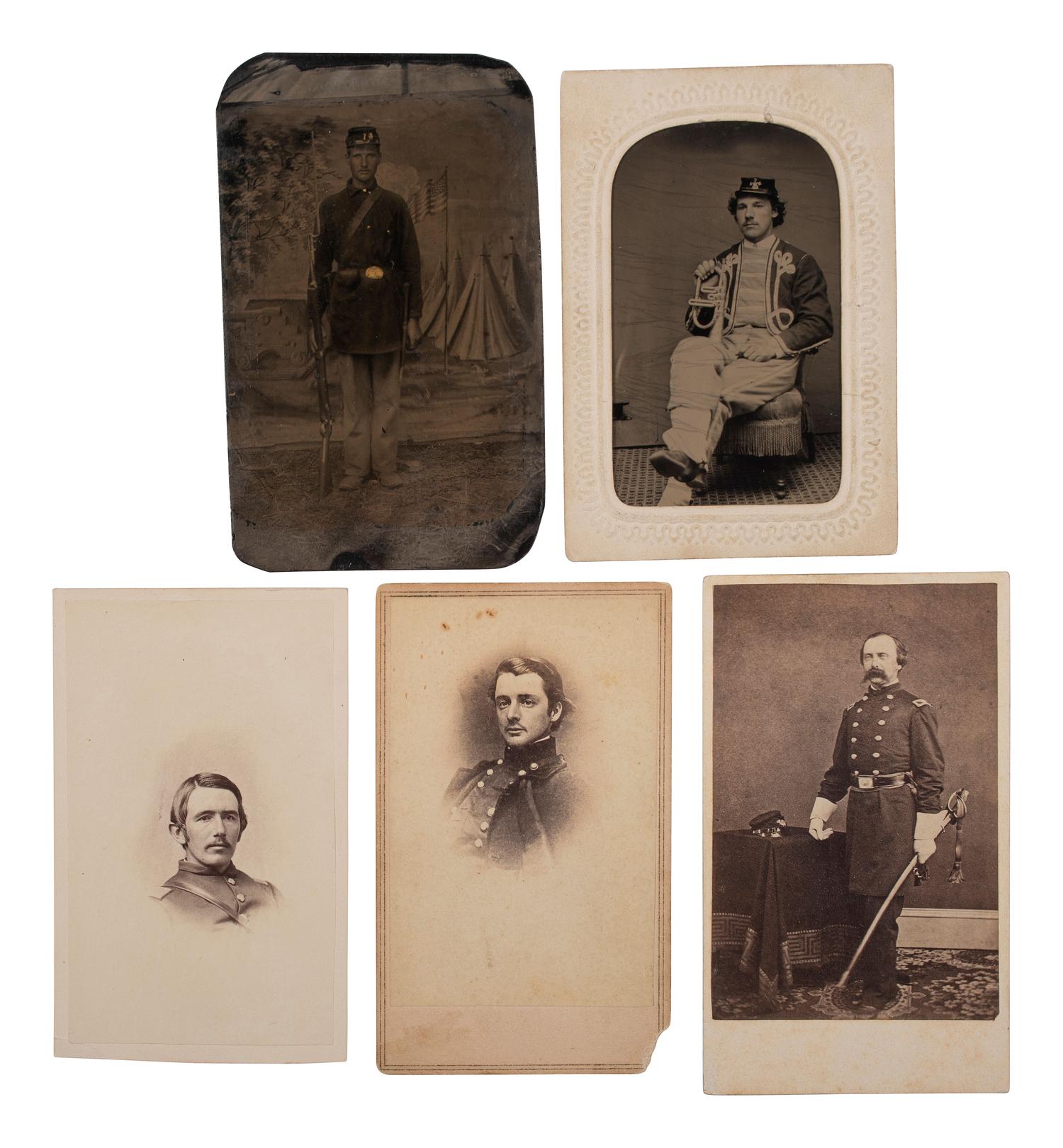 [CIVIL WAR]. A group of 5 tintypes and CDVs of Rhode Island soldiers, highlighted by identified Bull Run casualty, John S. Slocum, 2nd RI Infantry.