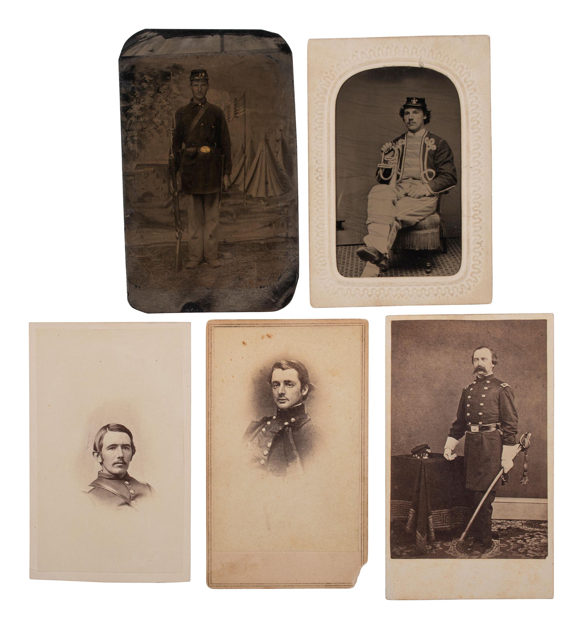 [CIVIL WAR]. A group of 5 tintypes and CDVs of Rhode Island soldiers, highlighted by identified Bull Run casualty, John S. Slocum, 2nd RI Infantry.