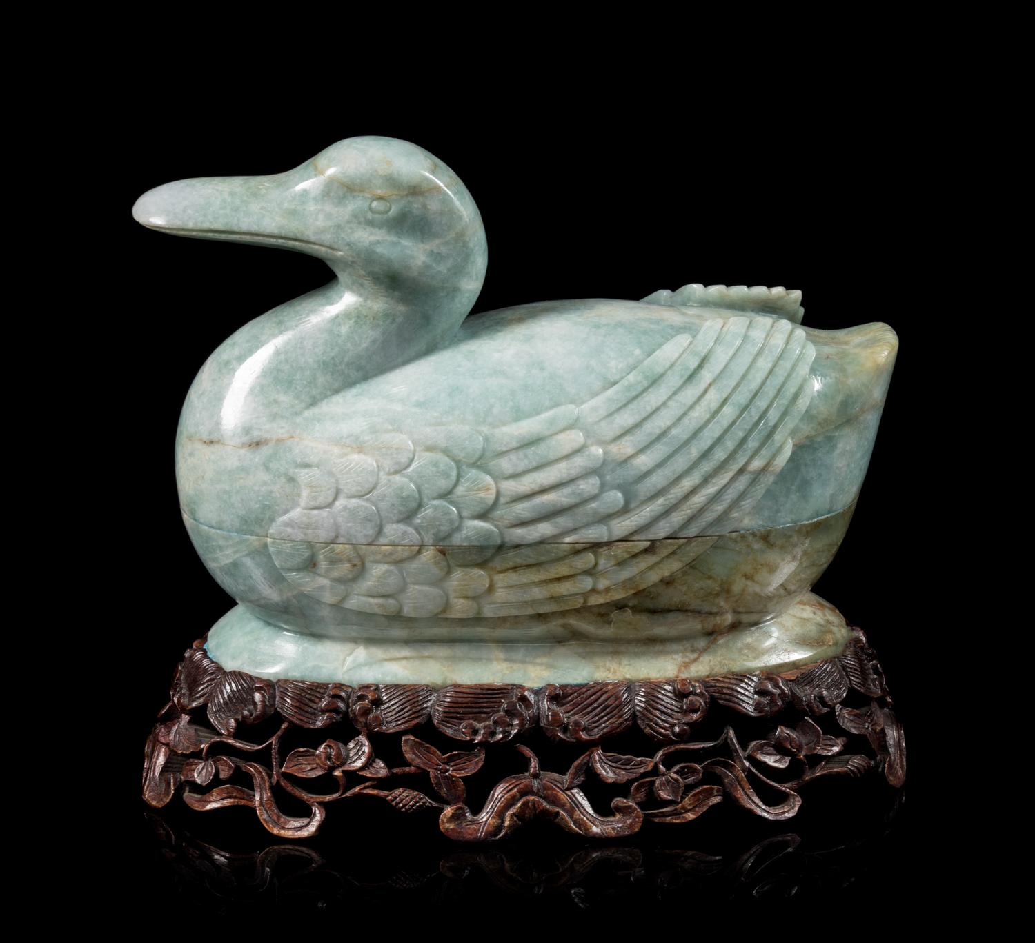 A Green Jadeite Duck-Form Covered Box Height 5 1/4 inches. — 20TH CENTURY