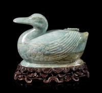 A Green Jadeite Duck-Form Covered Box Height 5 1/4 inches. — 20TH CENTURY