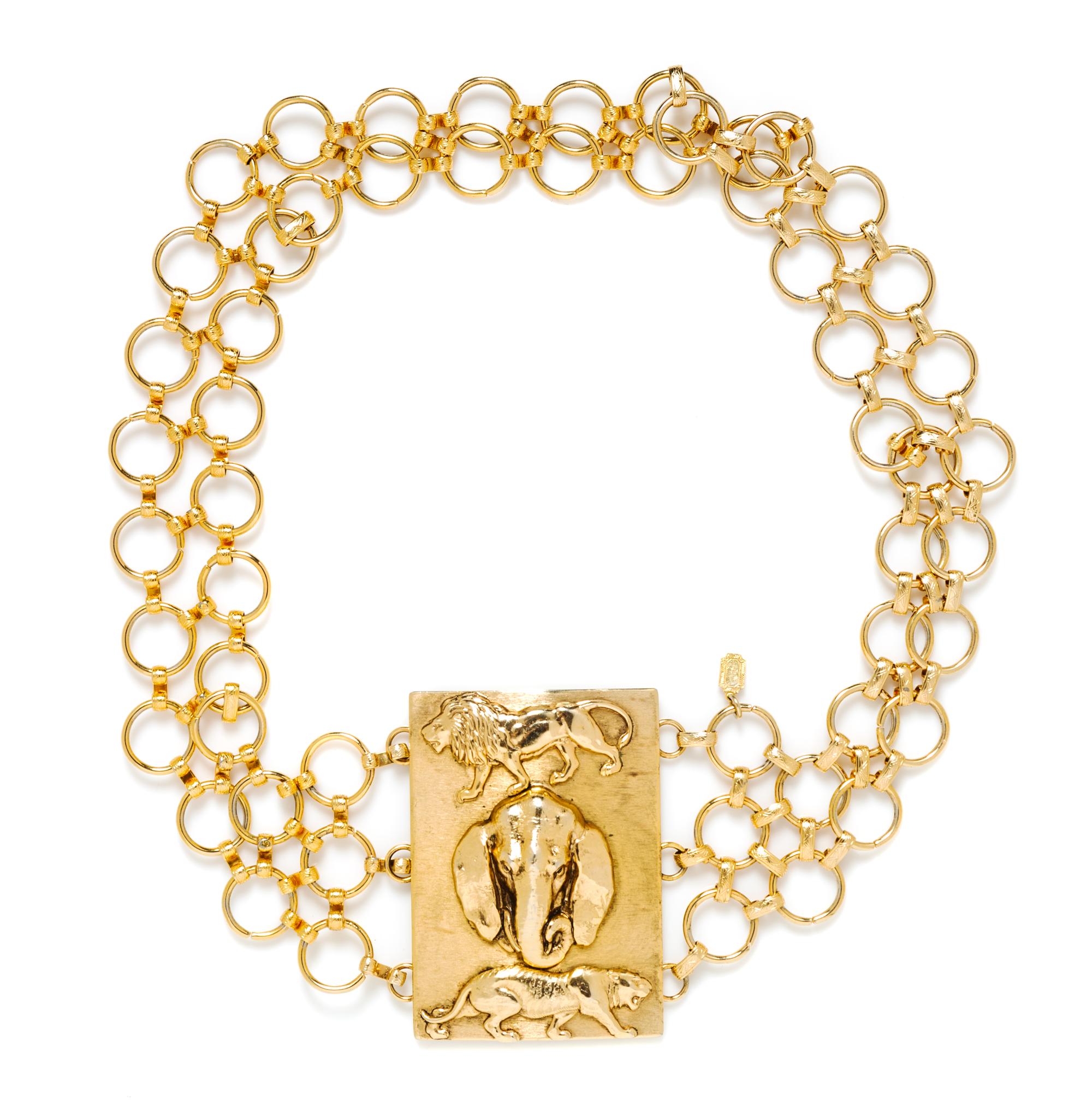 A Christian Dior Goldtone Animal Motif Belt, 29"; Buckle: 2.75" x 3.75"