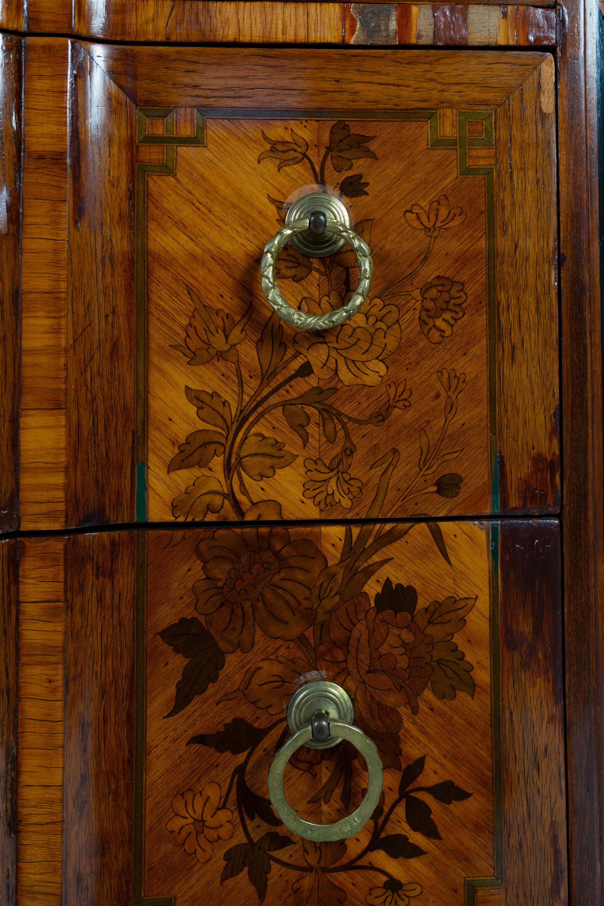 A Louis XV/XVI Transitional Style Marquetry Marble-Top Commode