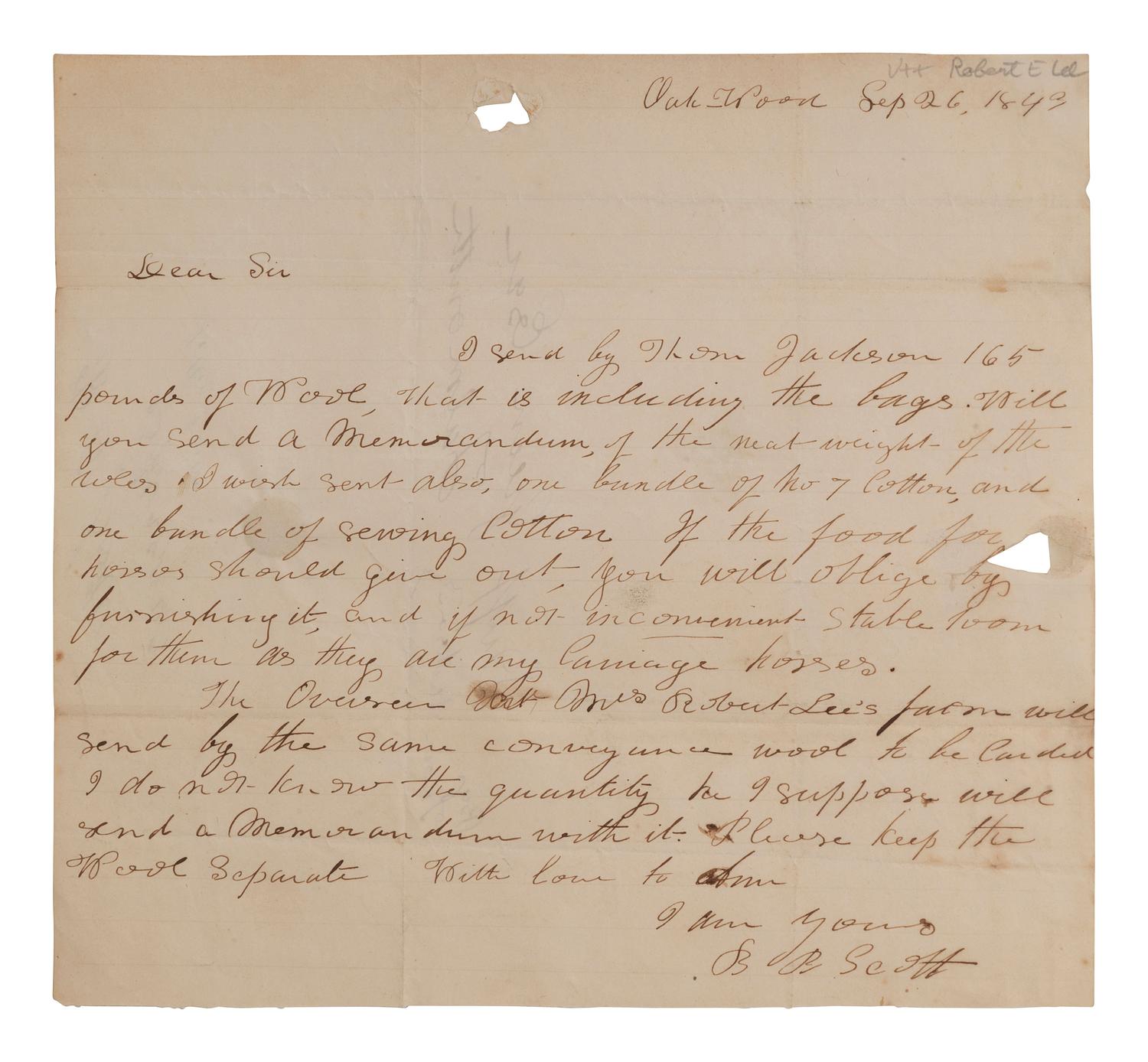 [ENSLAVEMENT]. Letter mentioning the "overseer at Mrs. Robert Lee's farm." Oakwood, [VA] 1843.