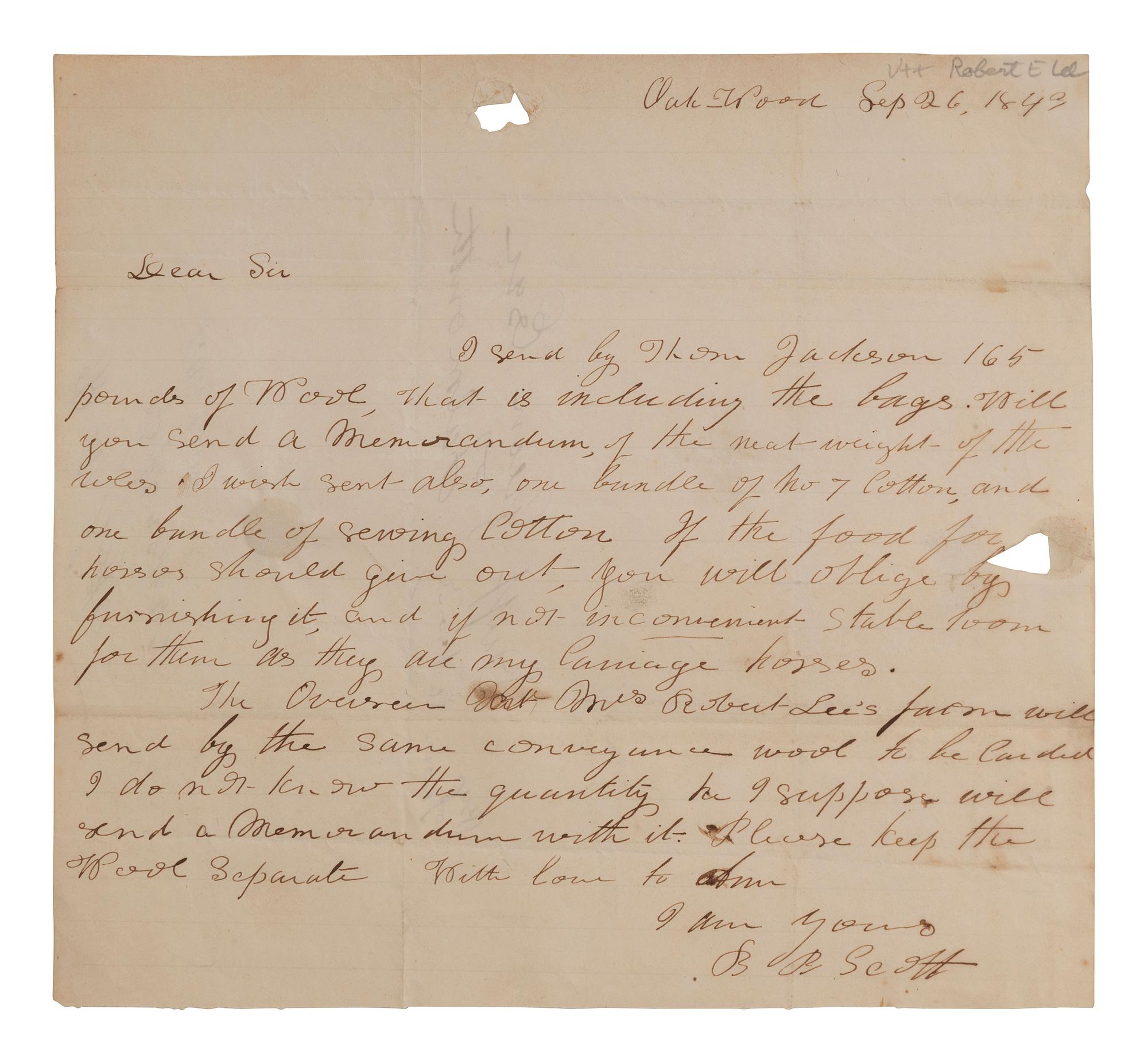 [ENSLAVEMENT]. Letter mentioning the "overseer at Mrs. Robert Lee's farm." Oakwood, [VA] 1843.