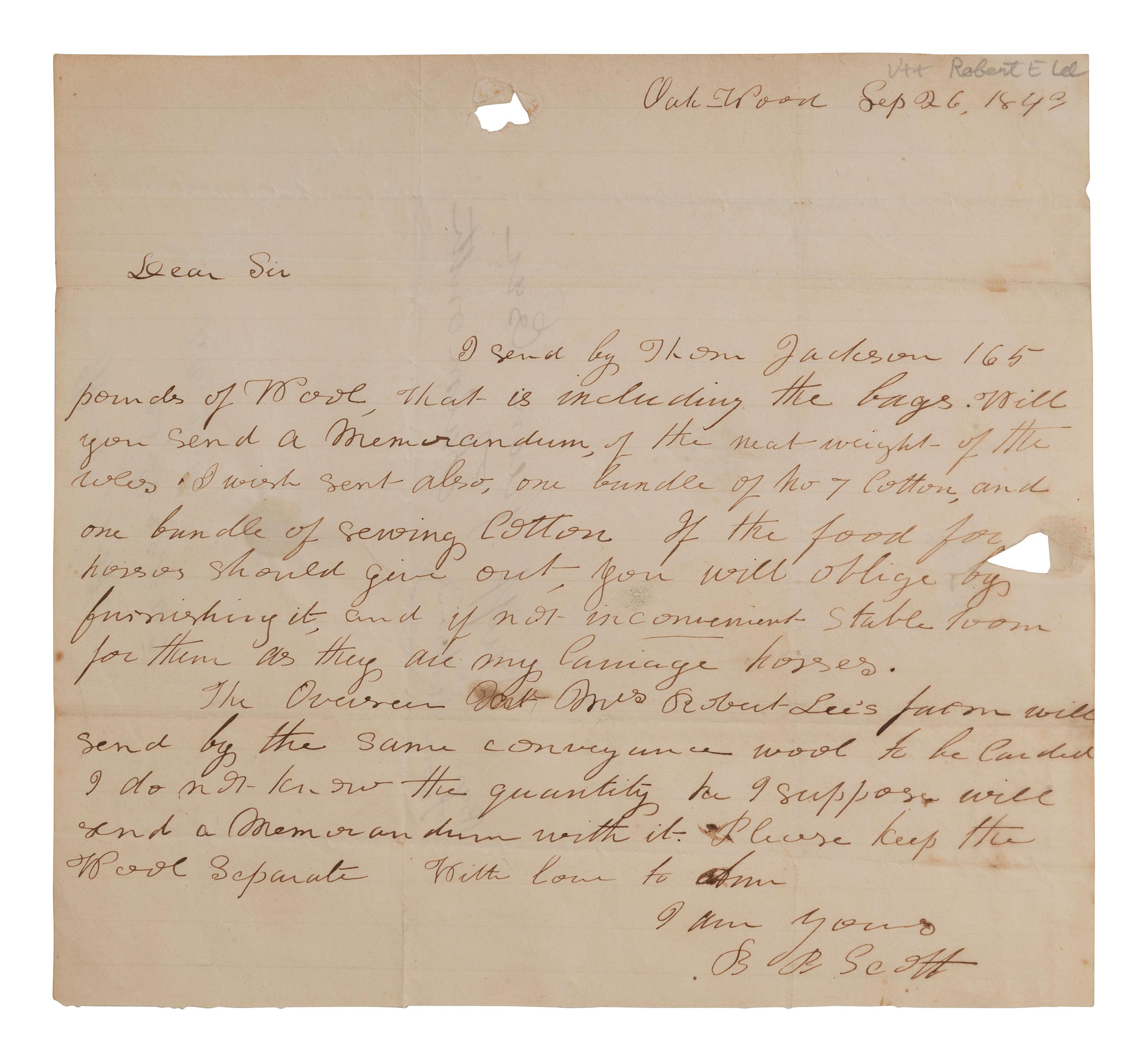 [ENSLAVEMENT]. Letter mentioning the "overseer at Mrs. Robert Lee's farm." Oakwood, [VA] 1843.