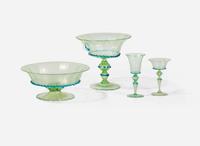 A group of twenty-one Venetian or Murano green and blue blown glass tablewares, 20th century