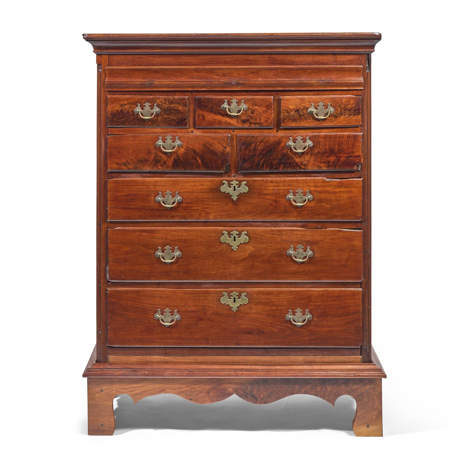 A Queen Anne Carved Walnut Tall Chest on Later Wood Frame