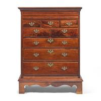 A Queen Anne Carved Walnut Tall Chest on Later Wood Frame