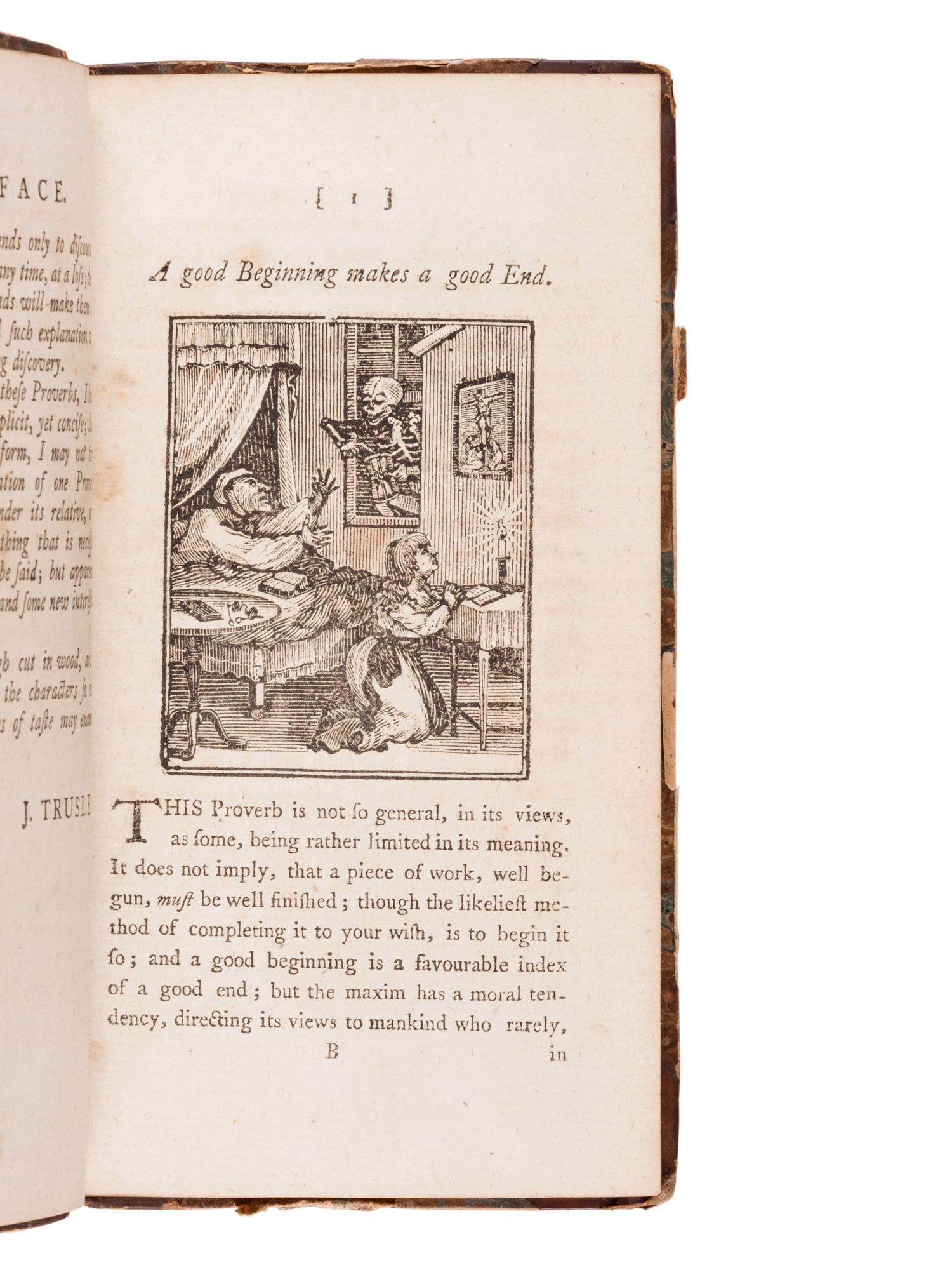 TRUSLER, John (1735-1820). Proverbs Exemplified, and Illustrated by Pictures from Real Life. Teaching Morality and a Knowledge of the World. John Bewick, illustrator. London: 1 May 1790.