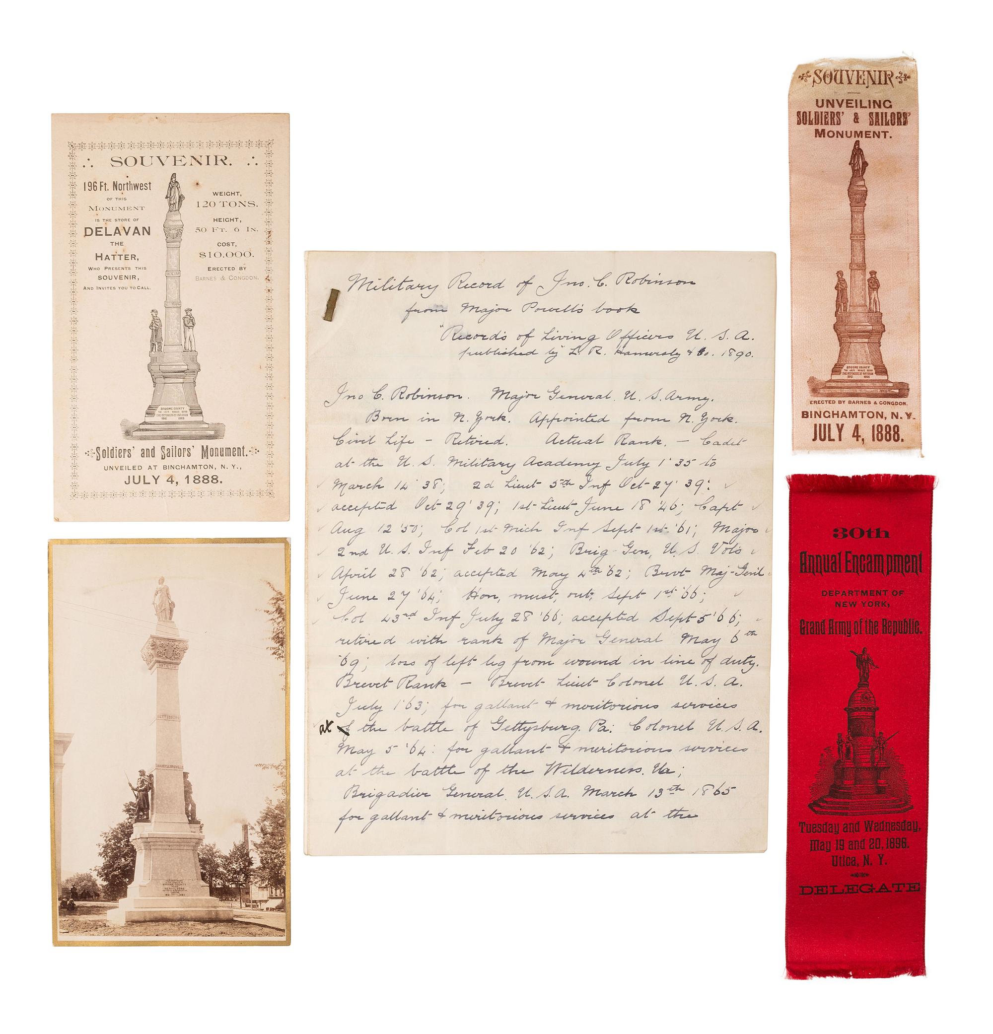 [CIVIL WAR]. Extensive collection of photographs, correspondence, ribbons, and medals associated with the life, service, and political career of Brigadier General John Cleveland Robinson, including his Colt revolver.