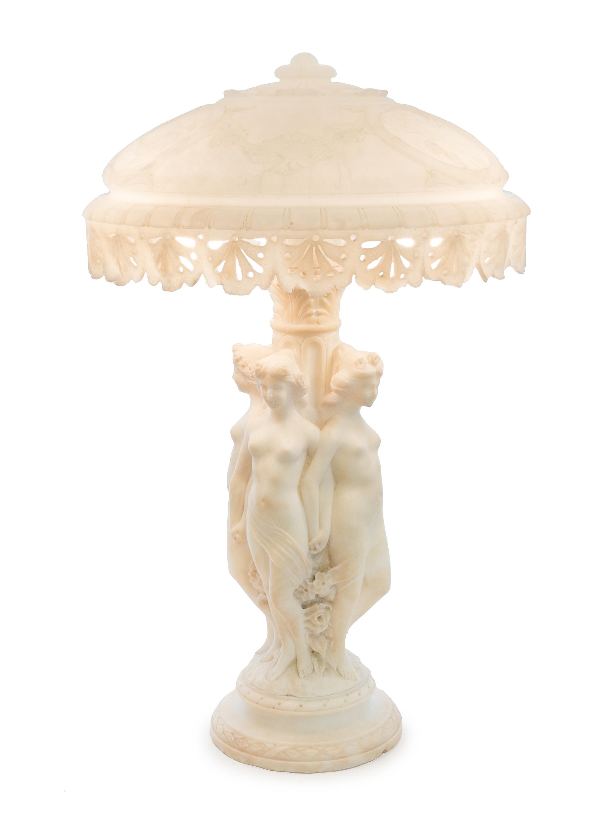 An Italian Alabaster Figural Lamp Height 28 x diameter of shade 17 inches. — 19TH/20TH CENTURY