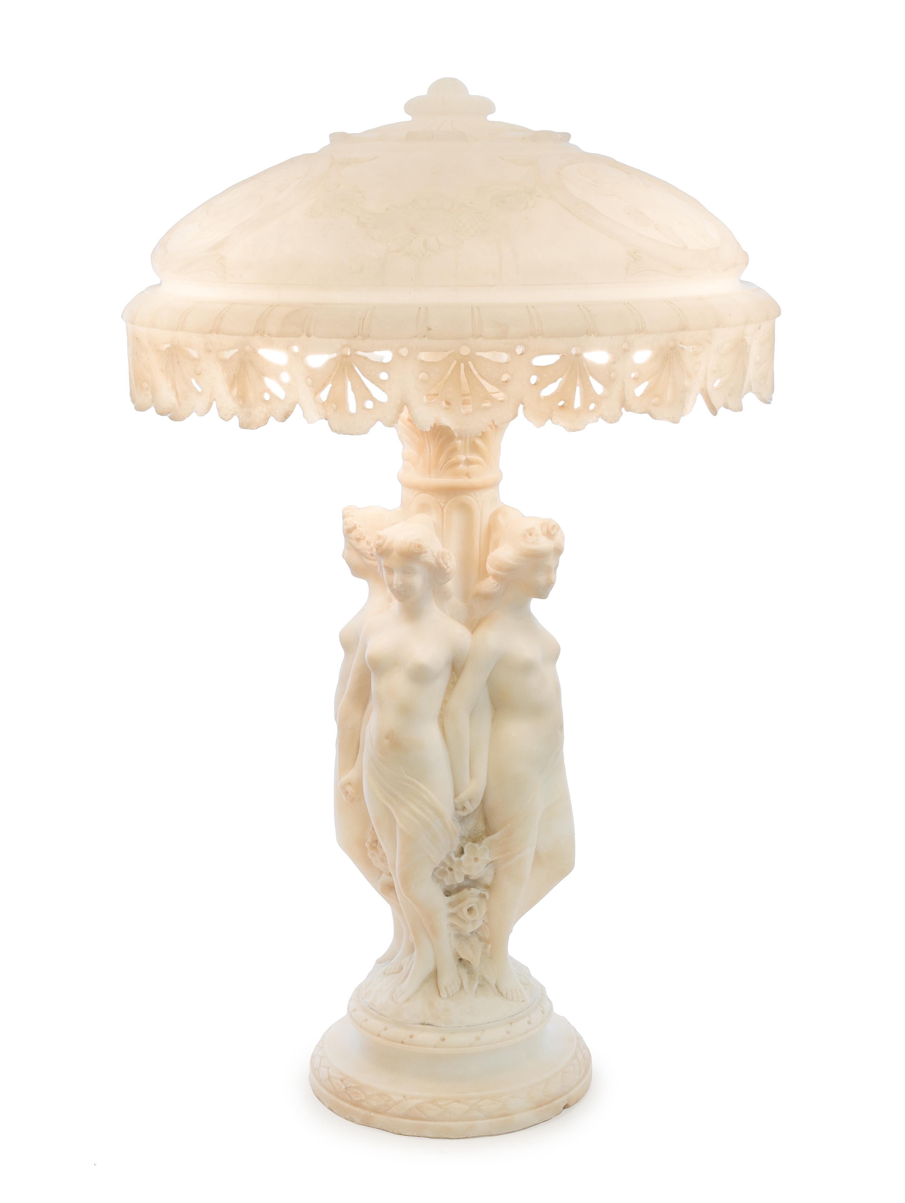 An Italian Alabaster Figural Lamp Height 28 x diameter of shade 17 inches. — 19TH/20TH CENTURY