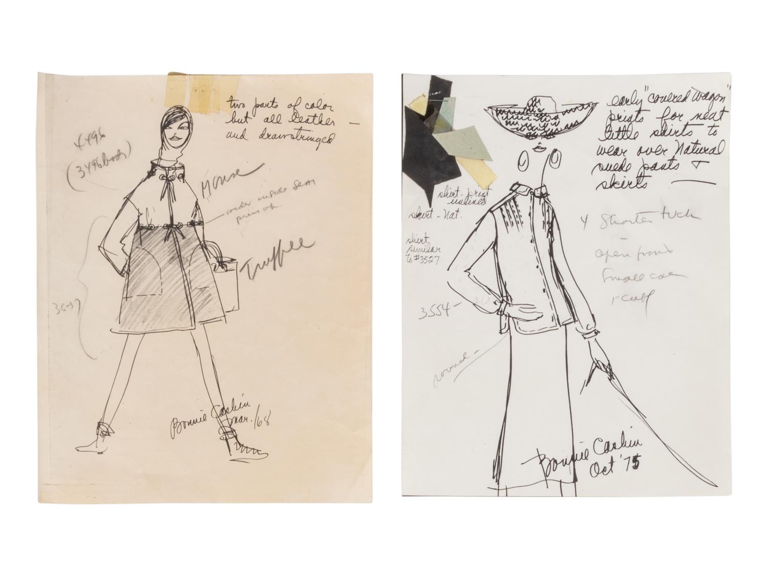 Bonnie Cashin Coat, Top and Skirt, Top and Pants, Two Sketches, Pattern, 1960-70s