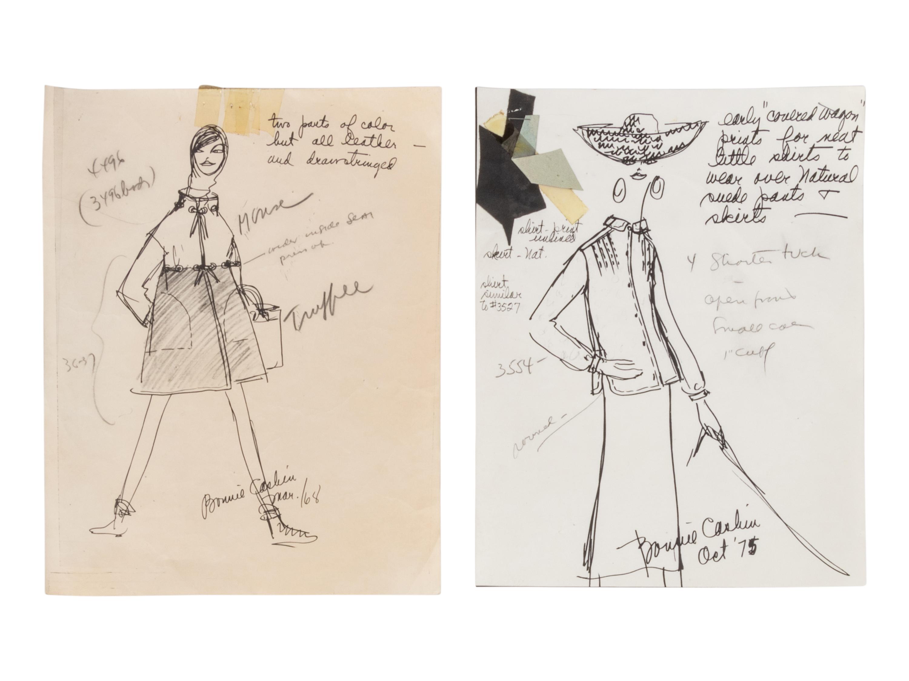 Bonnie Cashin Coat, Top and Skirt, Top and Pants, Two Sketches, Pattern, 1960-70s