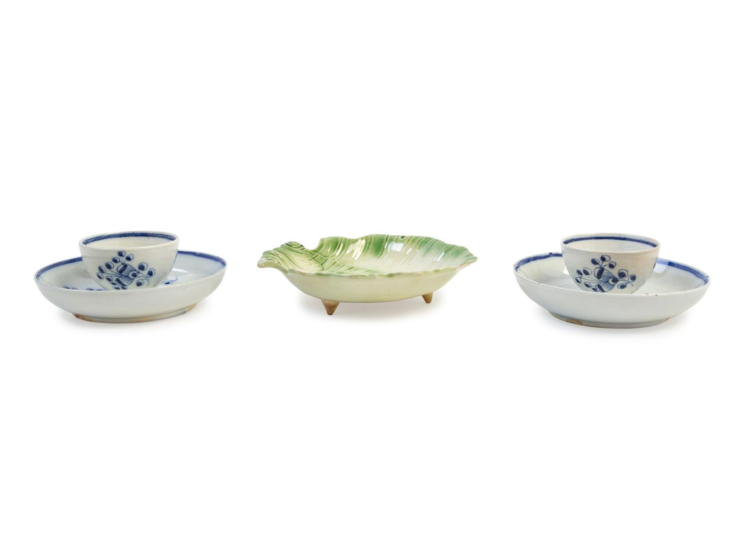 A Whieldon Pottery Pickle Dish and a Pair of Staffordshire Pearlware Cups and Saucers