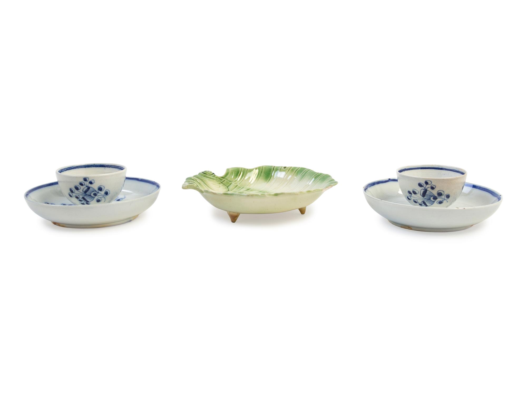 A Whieldon Pottery Pickle Dish and a Pair of Staffordshire Pearlware Cups and Saucers