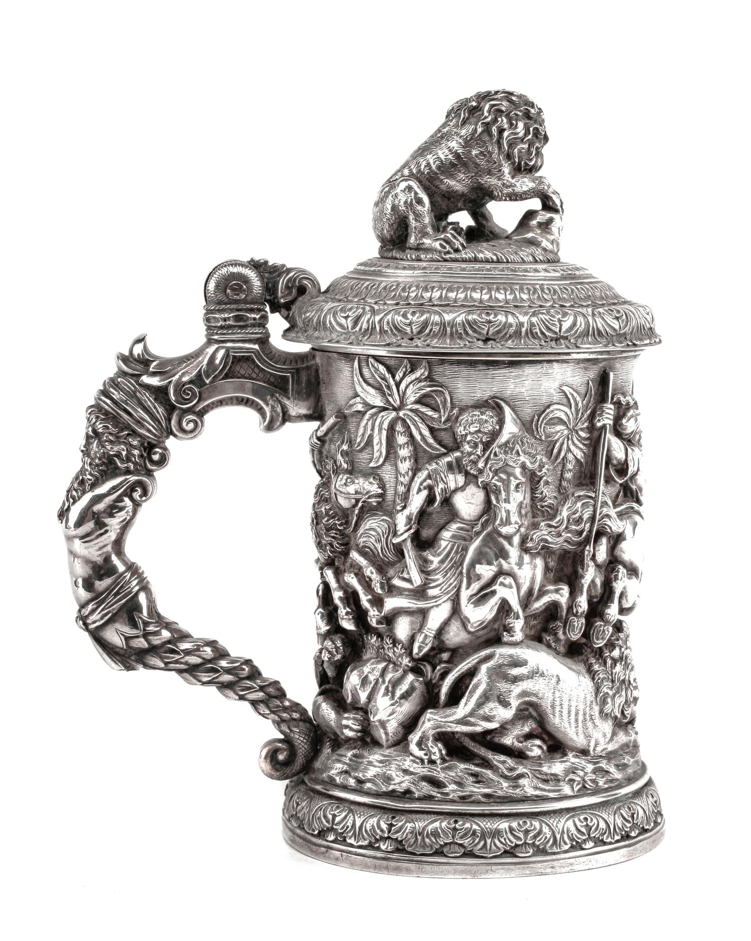 A Victorian Silver-Plate Tankard, Elkington & Co., Birmingham, 1889, the hinged lid with a lion finial above the body worked to show a