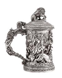 A Victorian Silver-Plate Tankard, Elkington & Co., Birmingham, 1889, the hinged lid with a lion finial above the body worked to show a