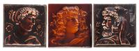 Ten Pottery Tiles Average size: 6 1/2 x 6 1/2 inches.
