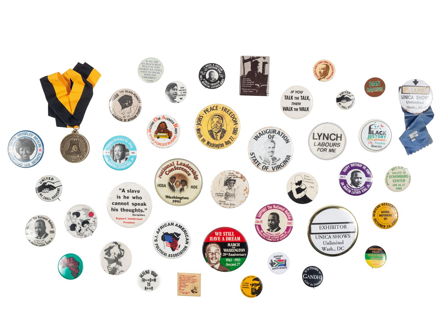 [CIVIL RIGHTS]. A group of items involving Martin Luther King, Jr., Coretta Scott King, and the March on Washington, incl. buttons, imprints, and related ephemera.