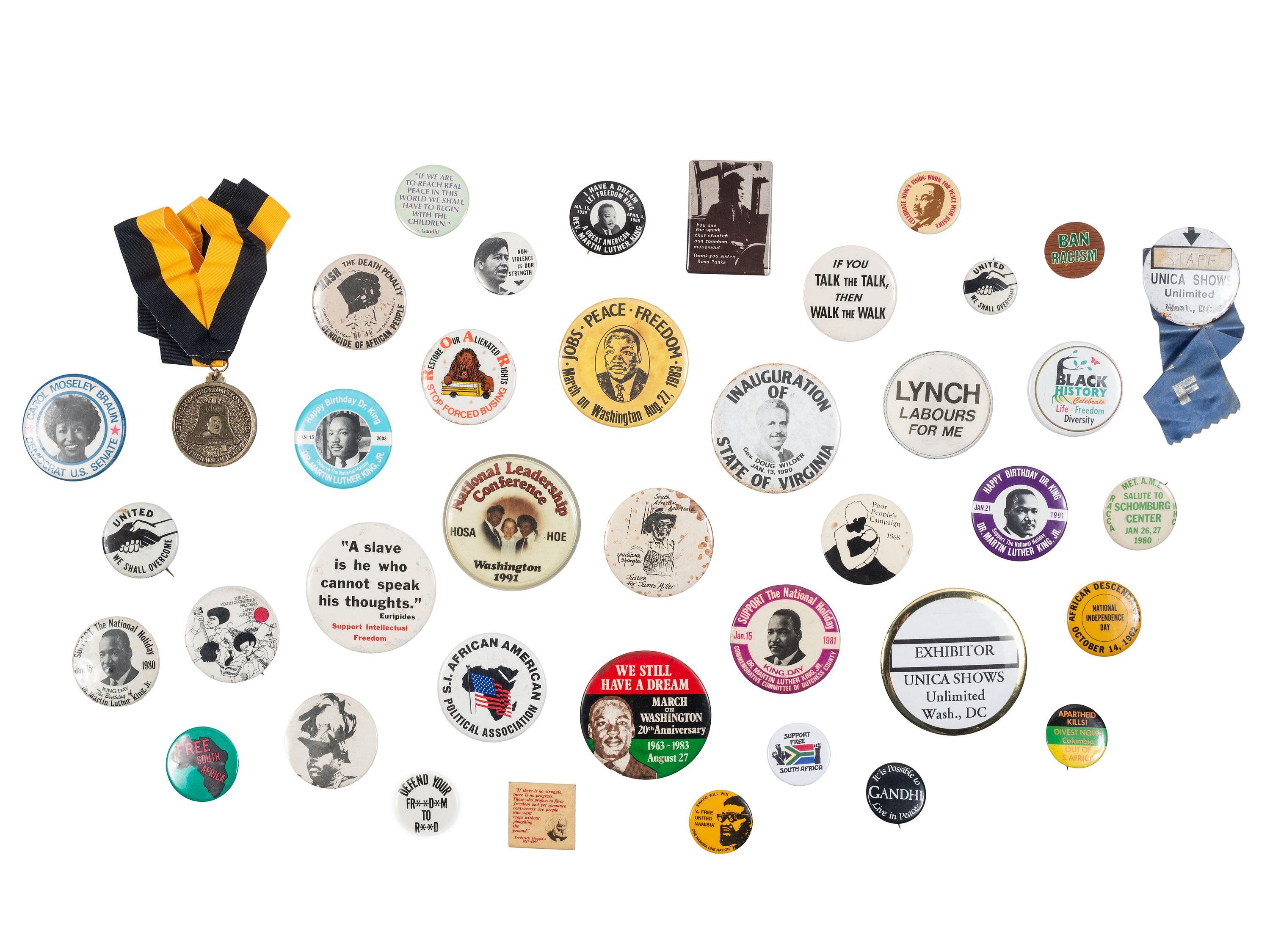[CIVIL RIGHTS]. A group of items involving Martin Luther King, Jr., Coretta Scott King, and the March on Washington, incl. buttons, imprints, and related ephemera.