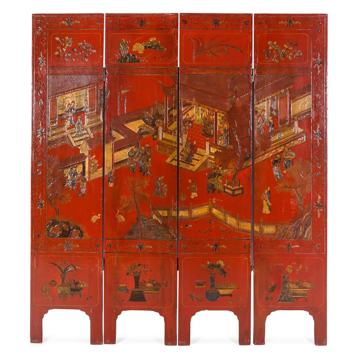 A Chinese Lacquered Four-Panel Floor Screen Height 72 x width of each panel 15 7/8 inches. — EARLY 20TH CENTURY
