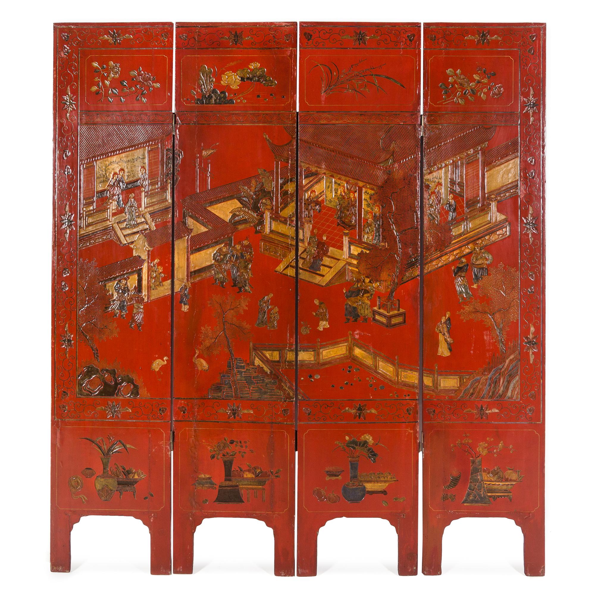 A Chinese Lacquered Four-Panel Floor Screen Height 72 x width of each panel 15 7/8 inches. — EARLY 20TH CENTURY