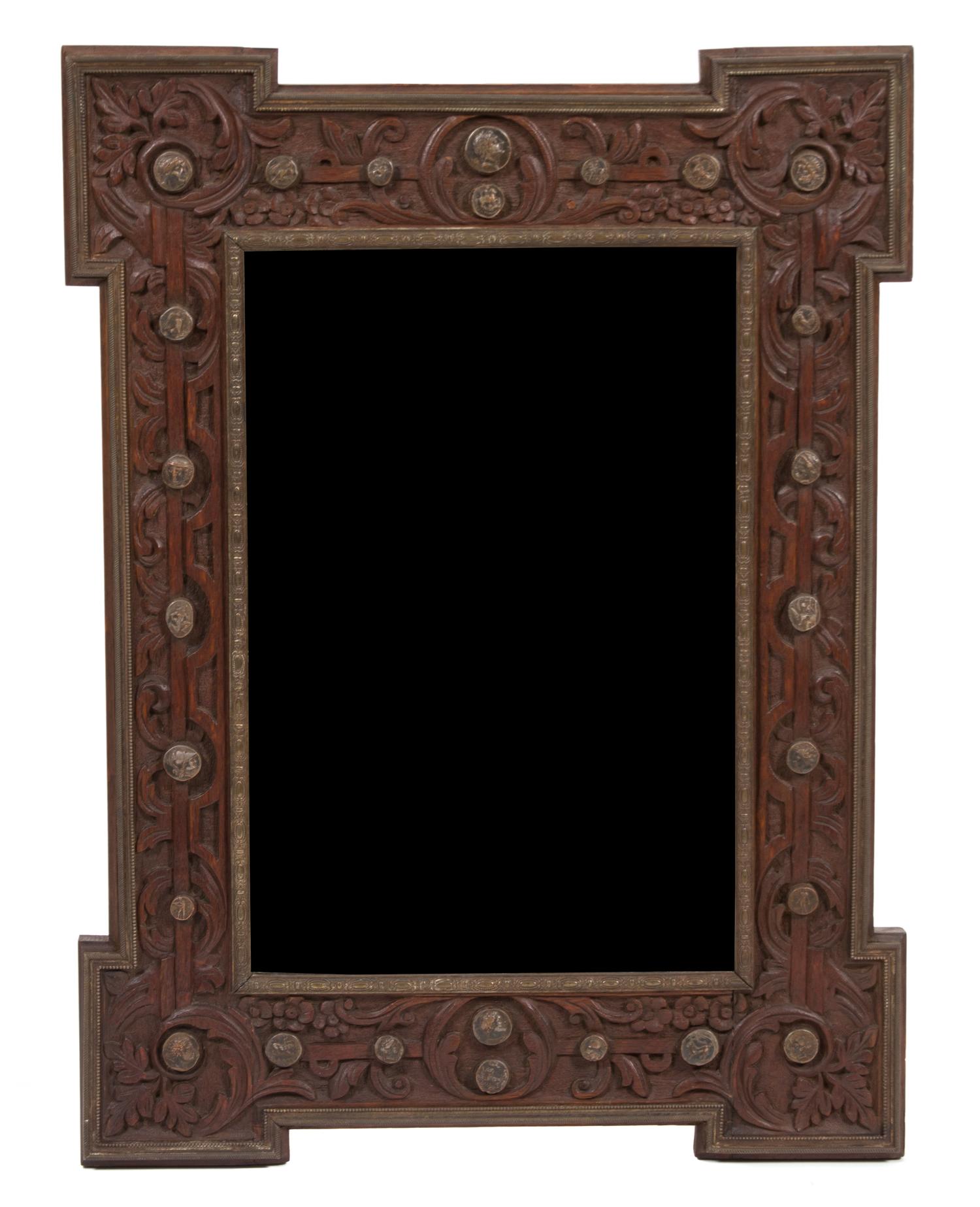 An Italian Brass Mounted Carved Oak Mirror Height 32 x width 24 inches. — 19TH CENTURY