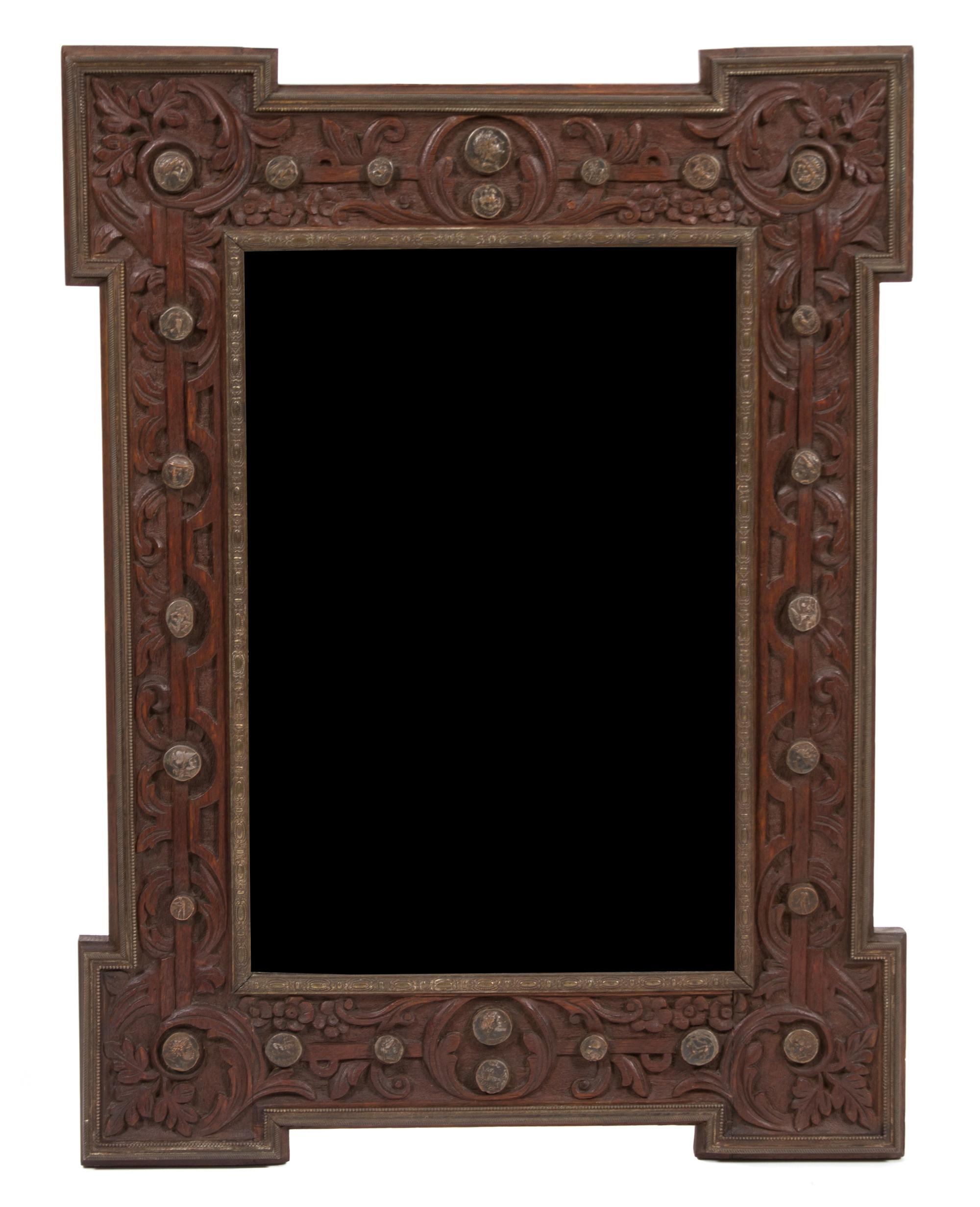 An Italian Brass Mounted Carved Oak Mirror Height 32 x width 24 inches. — 19TH CENTURY