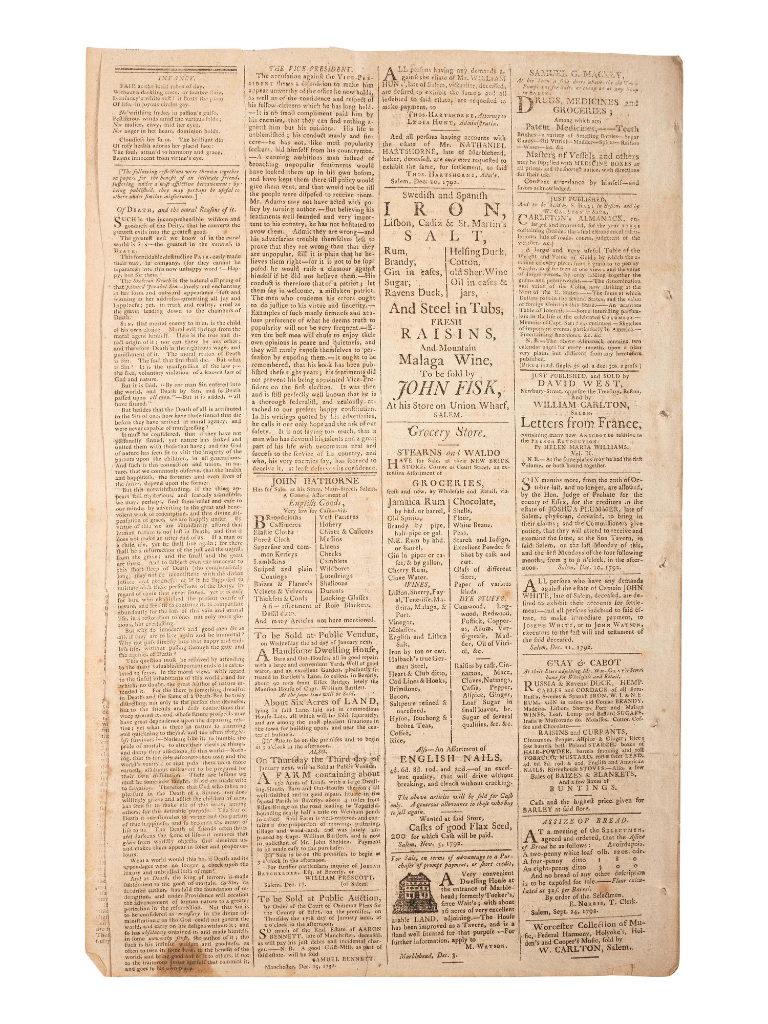 [HAMILTON, Alexander (1757-1804)]. The Salem Gazette. Vol. VI, No. 324. Salem, MA: Thomas C. Cushing, 25 December 1792.