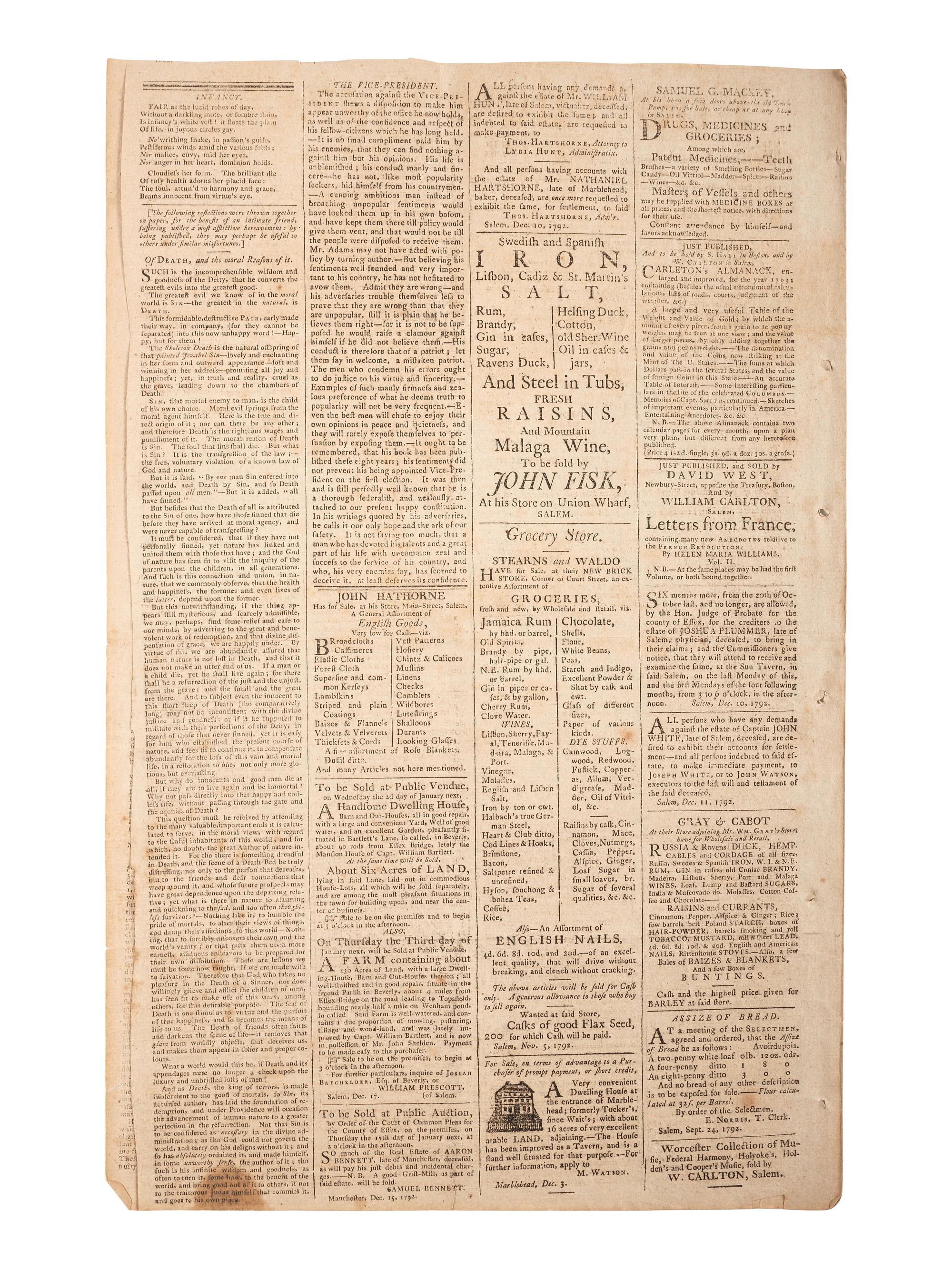 [HAMILTON, Alexander (1757-1804)]. The Salem Gazette. Vol. VI, No. 324. Salem, MA: Thomas C. Cushing, 25 December 1792.