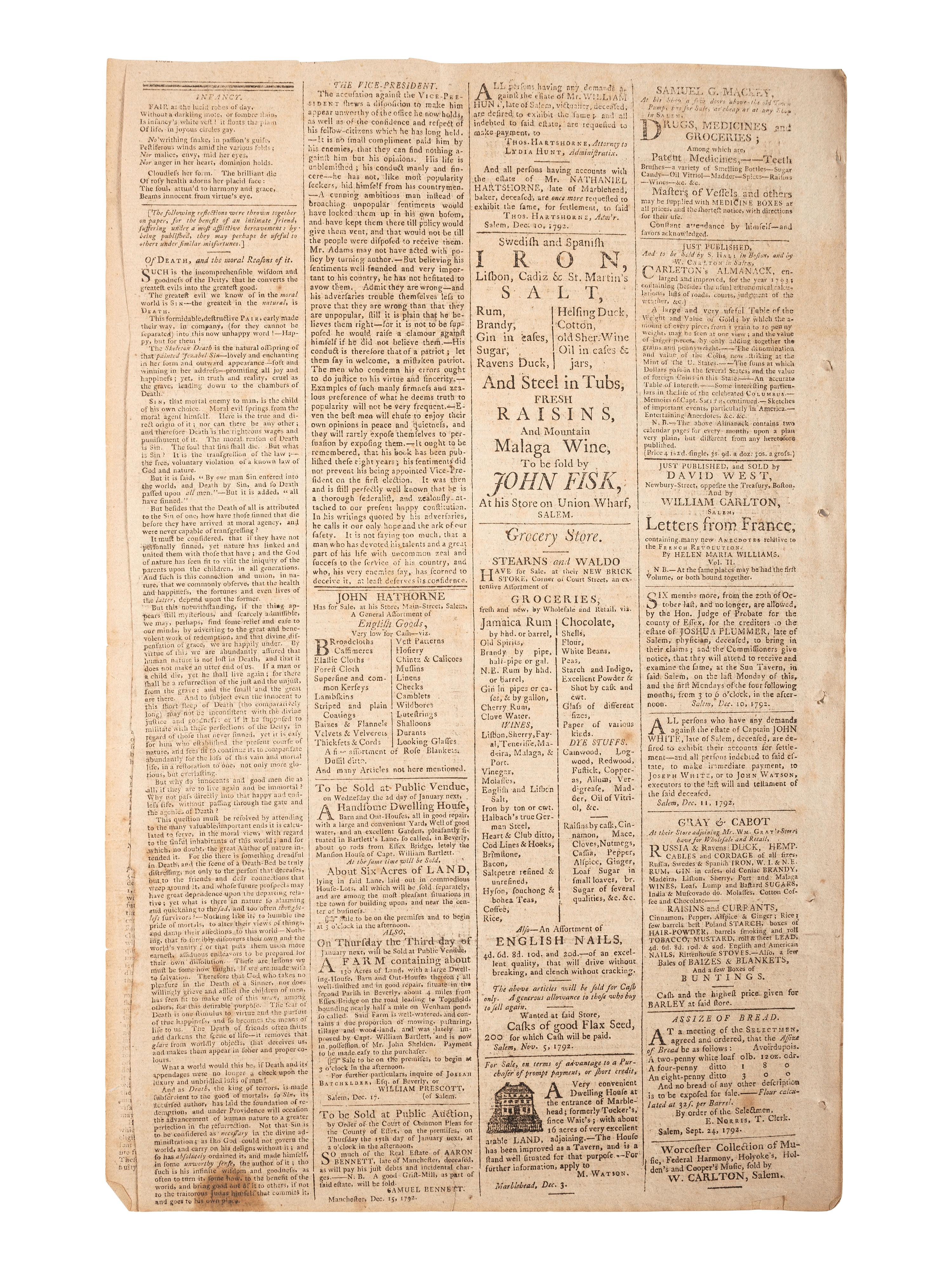 [HAMILTON, Alexander (1757-1804)]. The Salem Gazette. Vol. VI, No. 324. Salem, MA: Thomas C. Cushing, 25 December 1792.