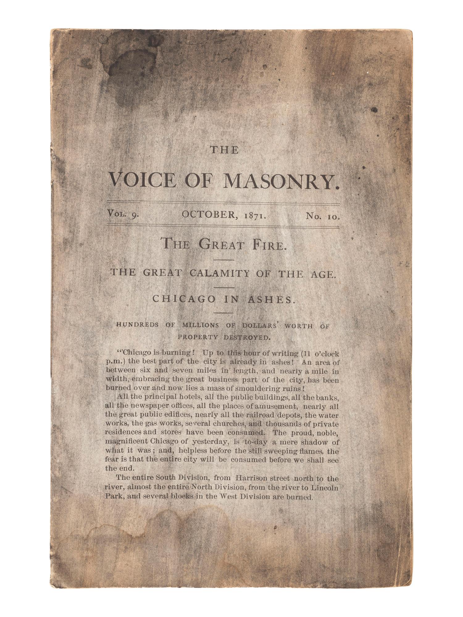 [CHICAGO FIRE]. BAILEY, John C.W. The Voice of Masonry. Vol. 9, No. 10. [Chicago]: [John C.W. Bailey], October 1871.
